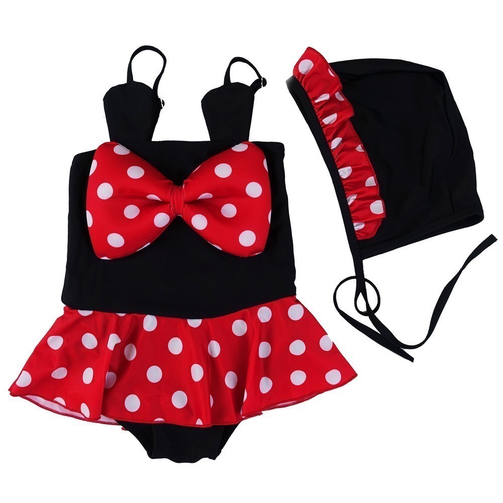 Little Girls Red Black Polka Dot Bow Mickey Cap Swimsuit 2T-7