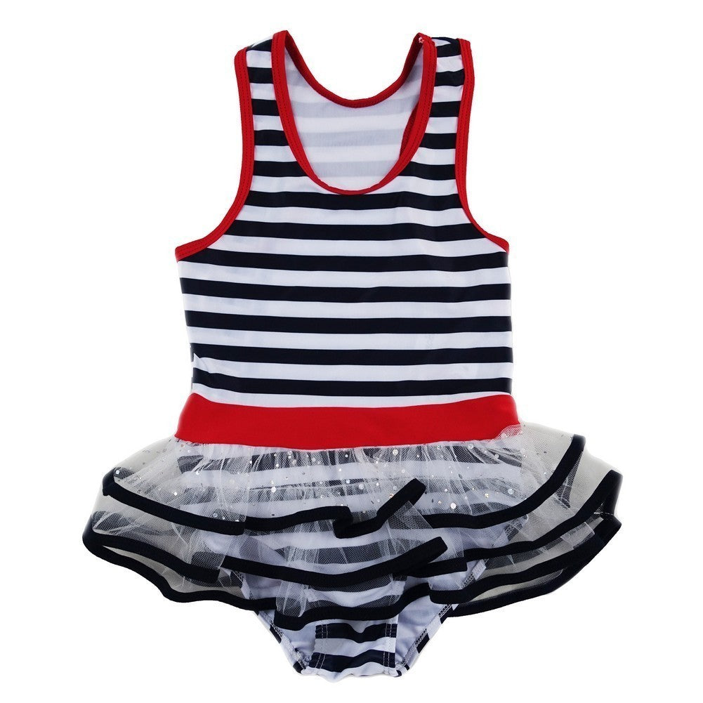 Little Girls Navy White Stripe Skirted One Piece Swimsuit 2T-7
