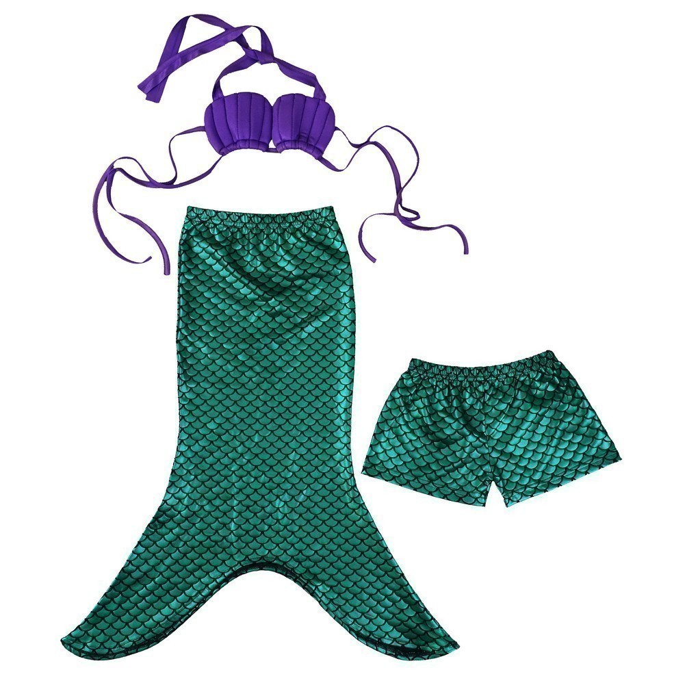 Little Girls Green Mermaid Tail Top Shorts 3 Pc Swim Set 2T-7