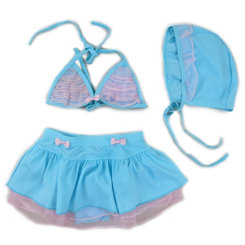Little Girls Blue Pink Lace Trim Cap 3 Pc Swimming Set 2T-7