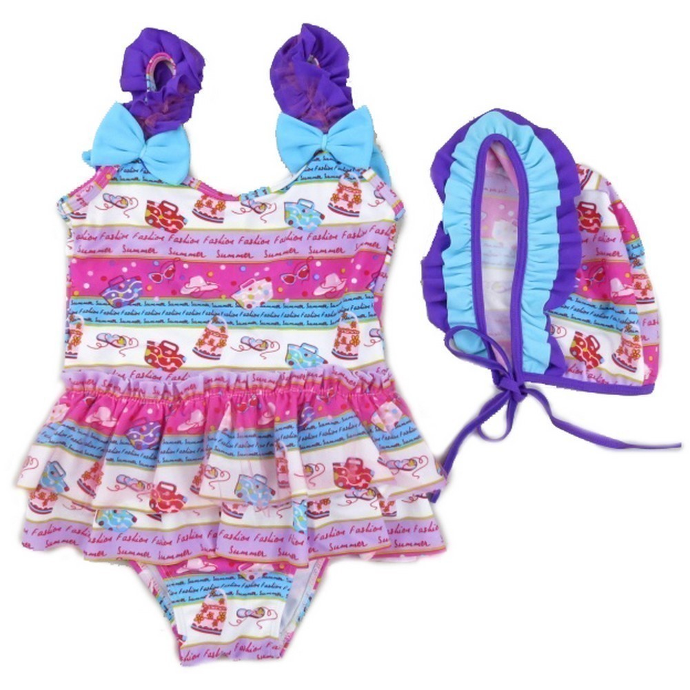 Little Girls Purple Blue Fashion Print Ruffle Cap Swimsuit 2T-7