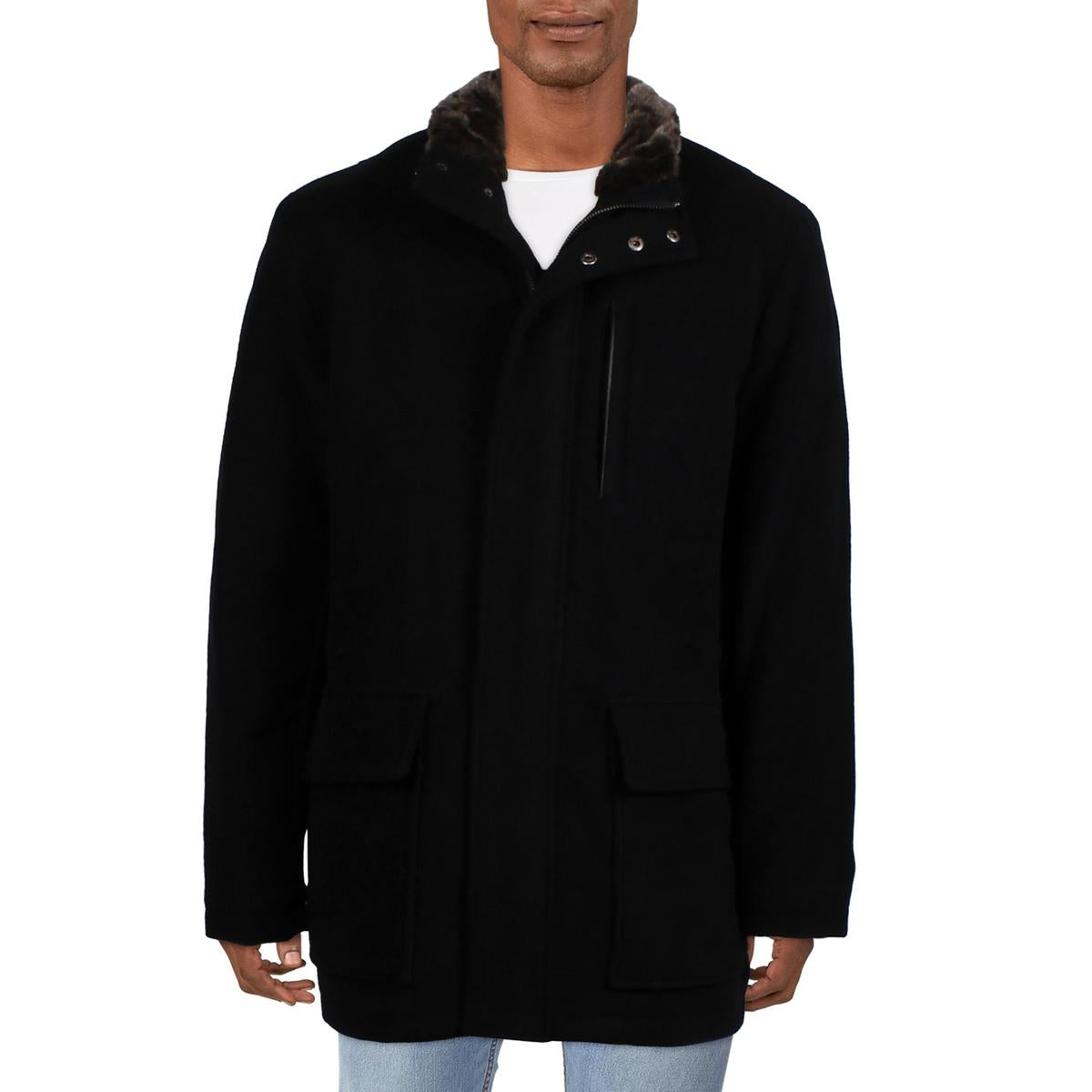 Faux Leather Trim Wool Overcoat