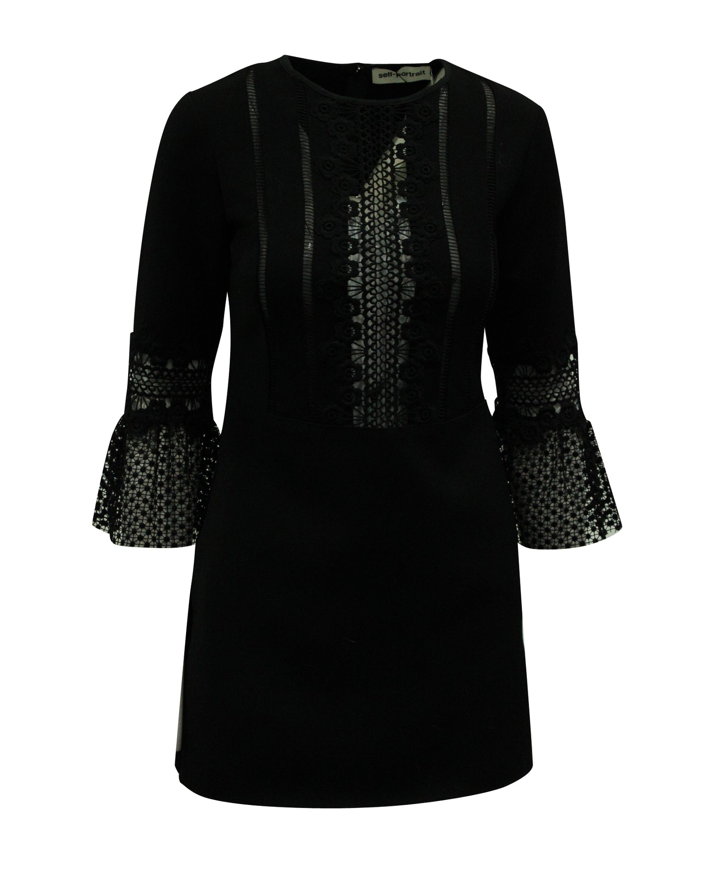 Self-Portrait Lace Trim Dress with Flounce Sleeves in Black Polyester 7833666977852