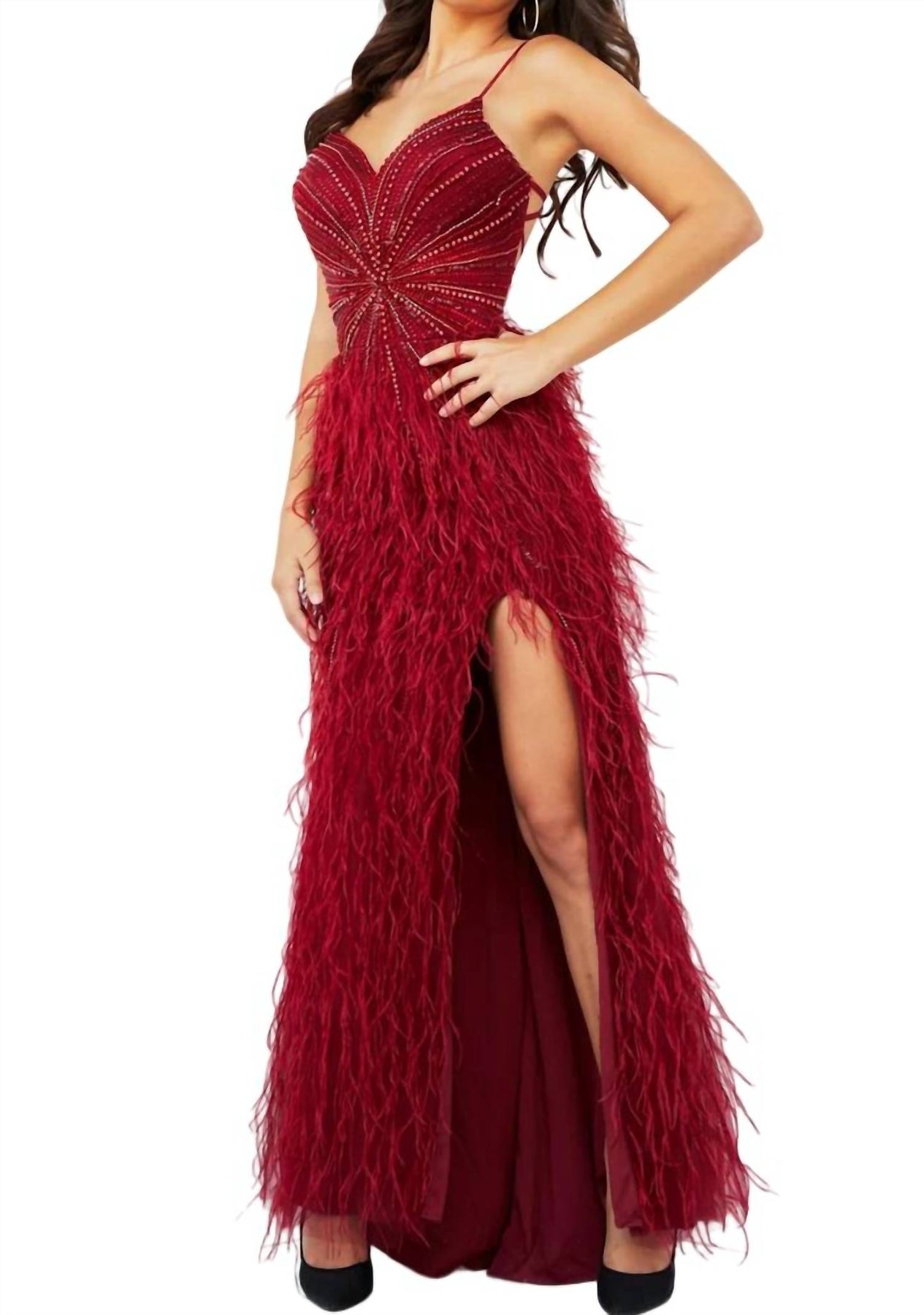 Feather Accent Prom Dress In Burgundy 7833314263100