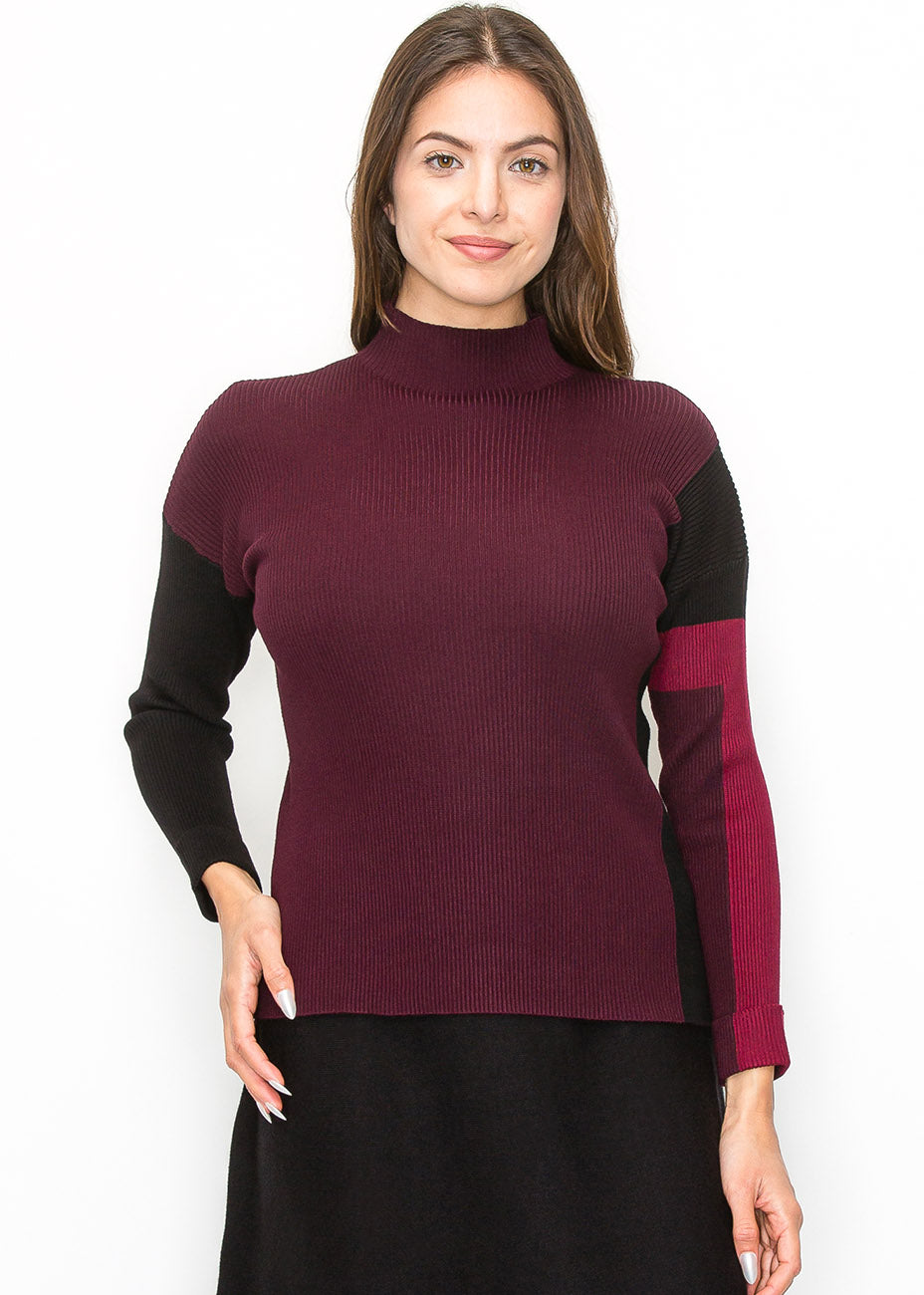 Burgundy Sweater with Color Block Sleeves 7832920424508