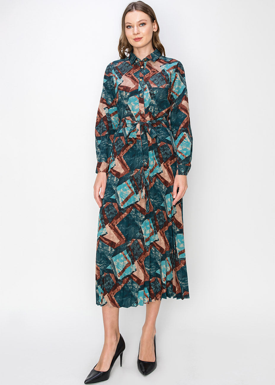 Abstract Turquoise Pleated Midi Dress 7832914722876