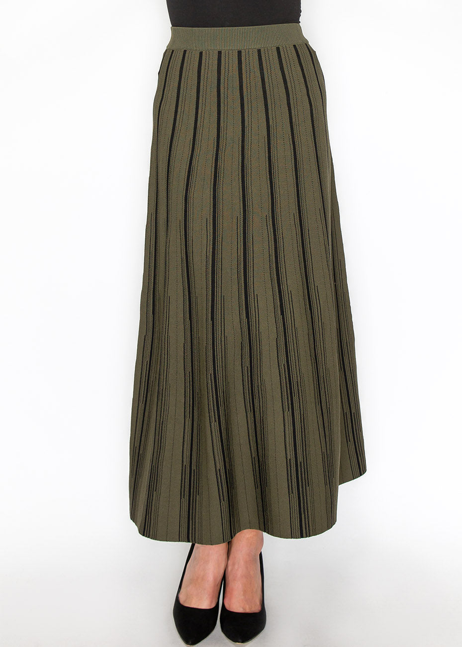 Classic Olive Striped Midi Skirt 7832916820028