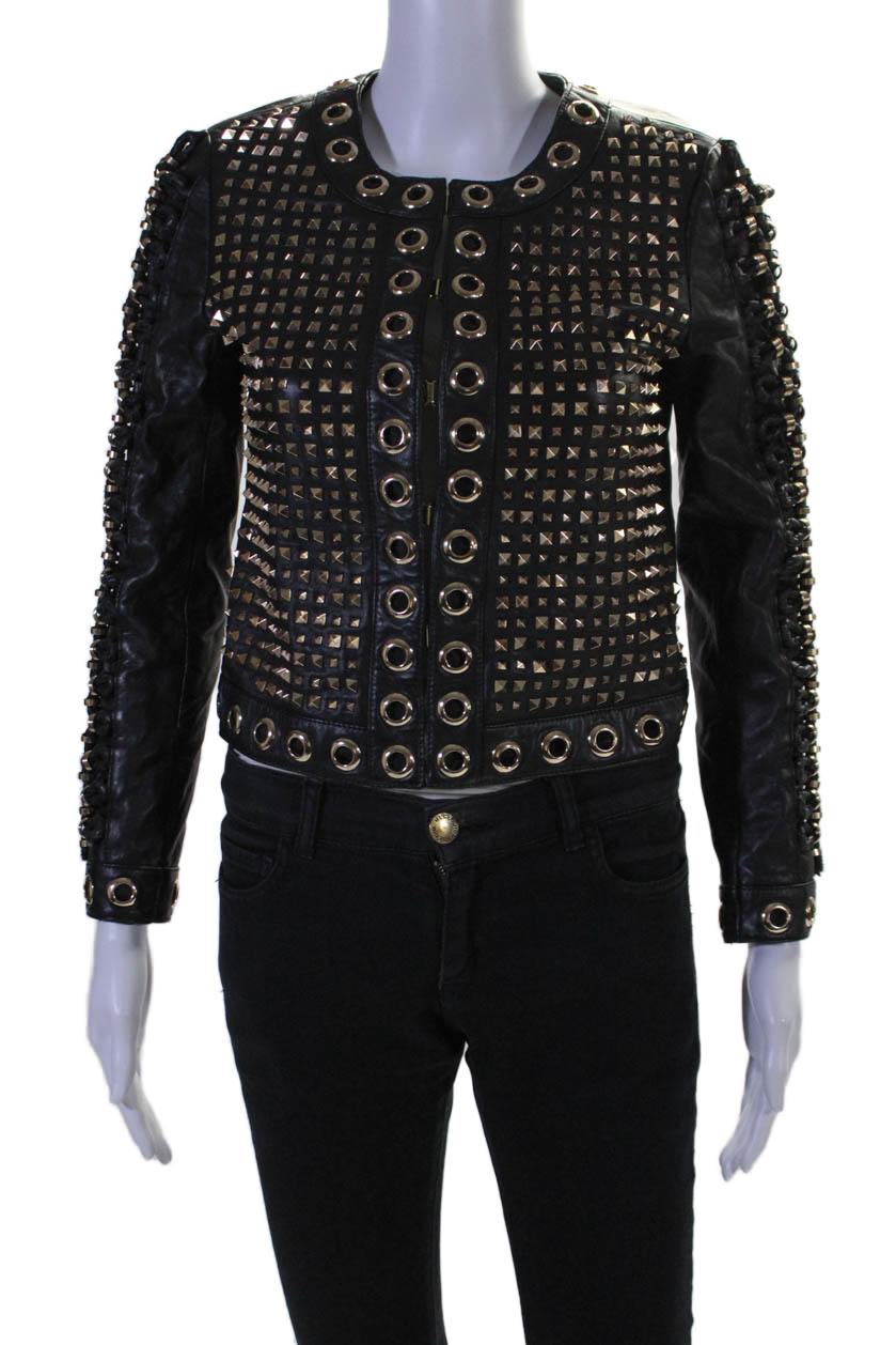 Alice + Olivia Womens Hook Front Braided Studded Grommet Leather Jacket Black XS 7833604096060