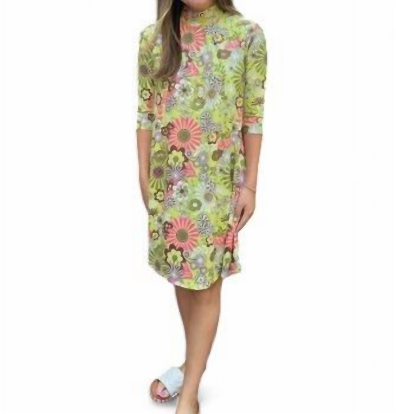 Flower Power Mock Neck Dress In Green Multi