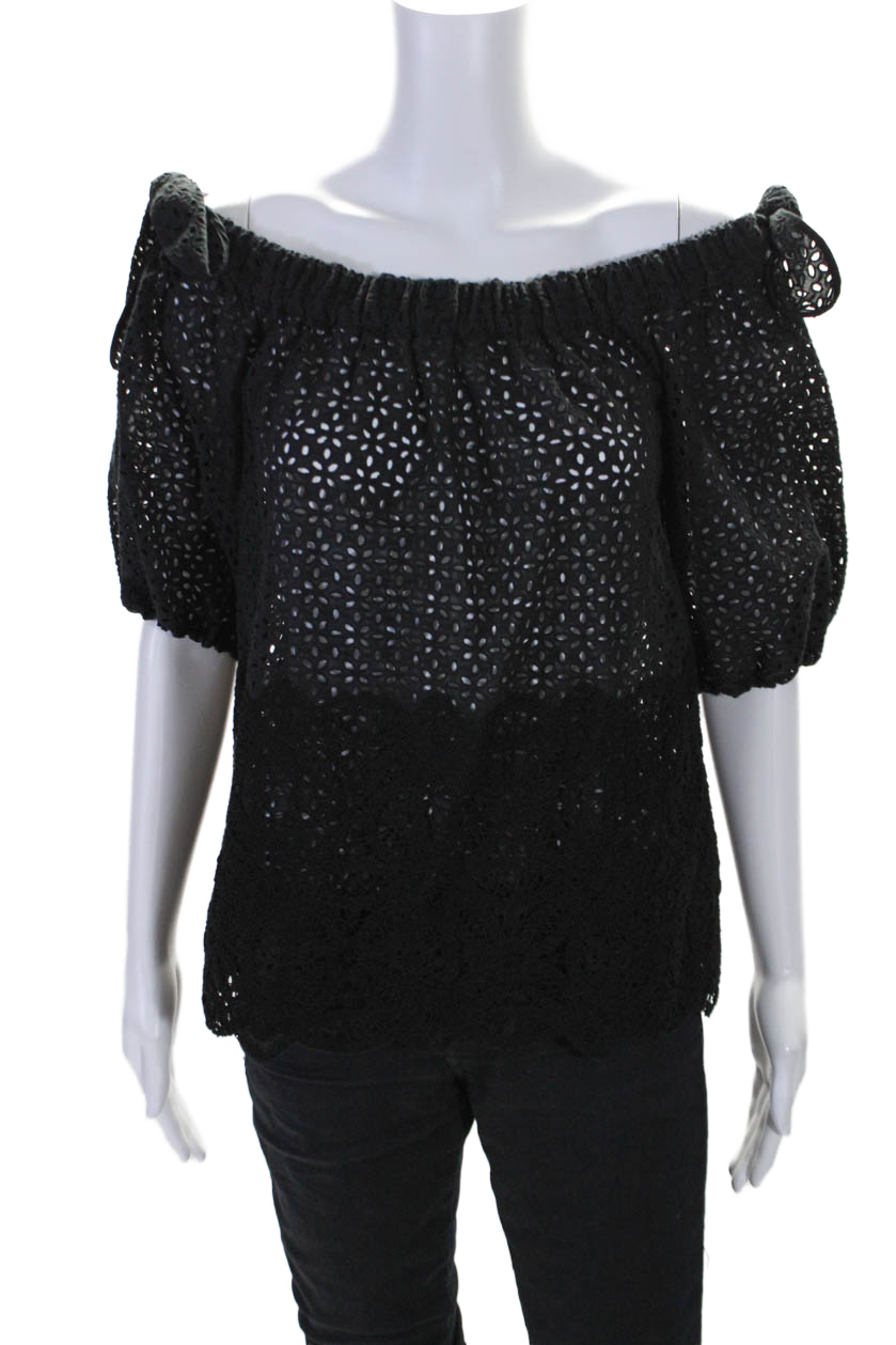 Sharis Women's Off The Shoulder Eyelet Short Sleeves Blouse Black 7833299320892
