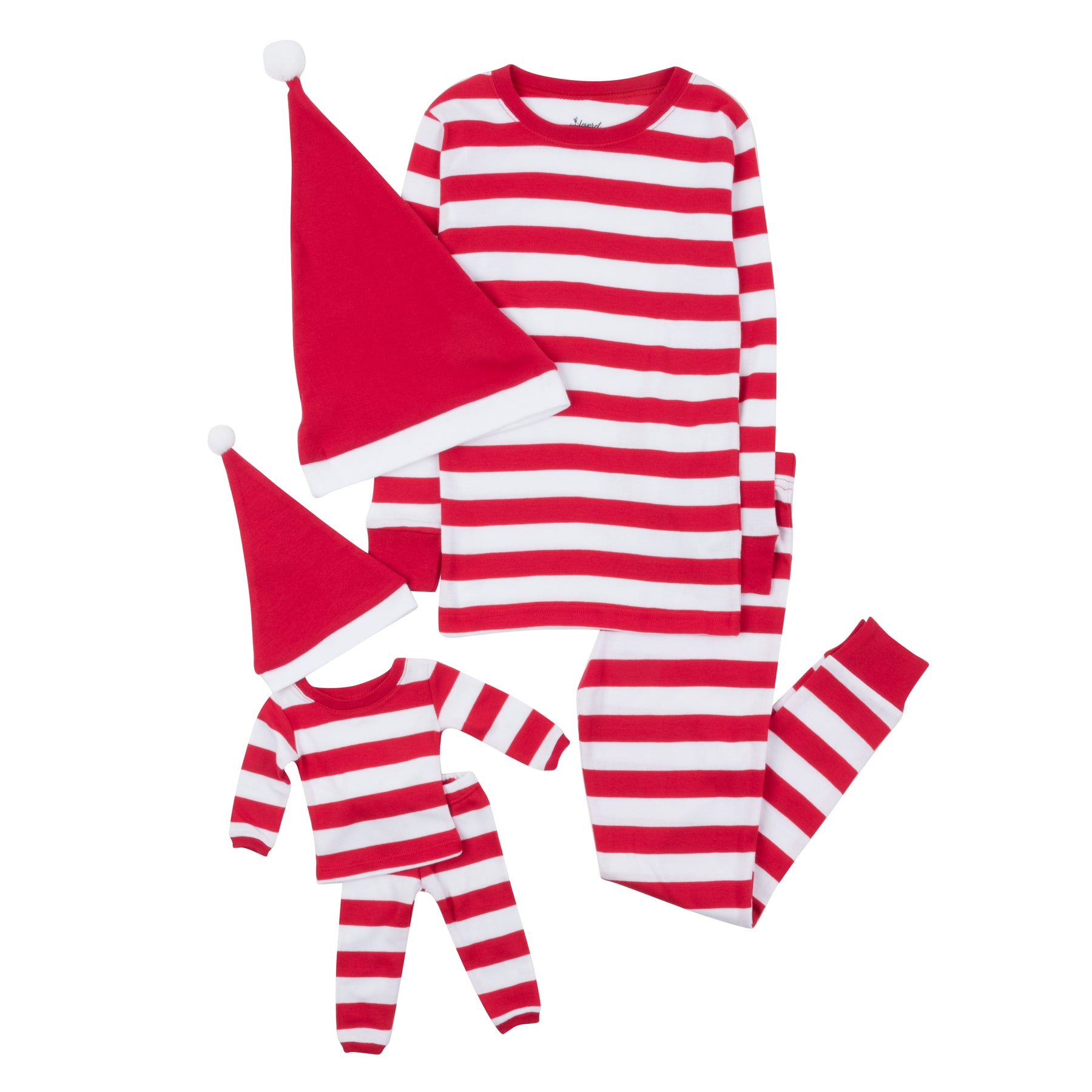 Christmas Girls and Matching Doll Cotton Pajamas Striped Red and White with Hat