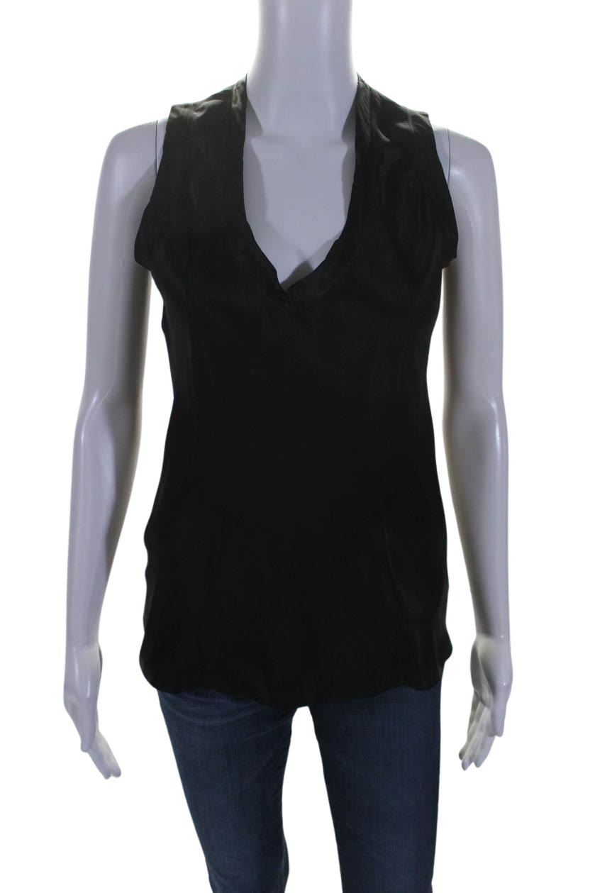 Yves Saint Laurent Womens Sleeveless V Neck Silk Top Blouse Black 7833270419516