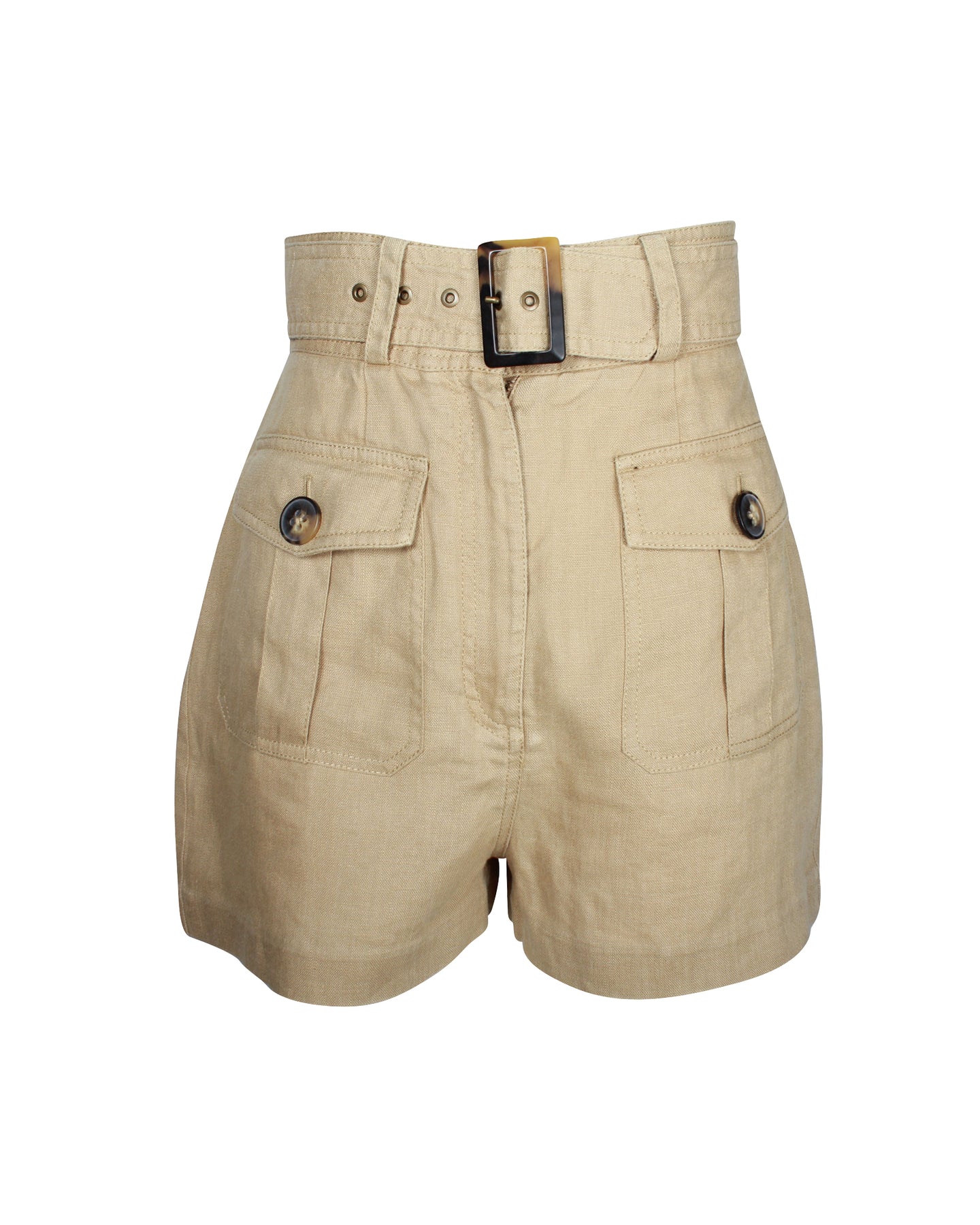 Zimmermann Belted High-Waist Shorts in Beige Linen 7703698604092