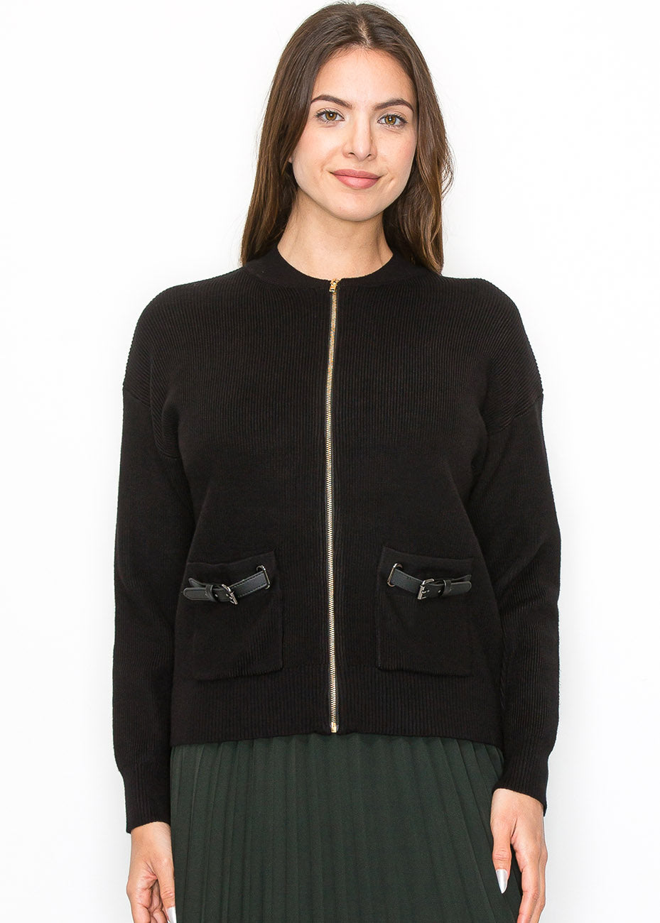 Black Zip Cardigan with Pocket Detail 7832922652732