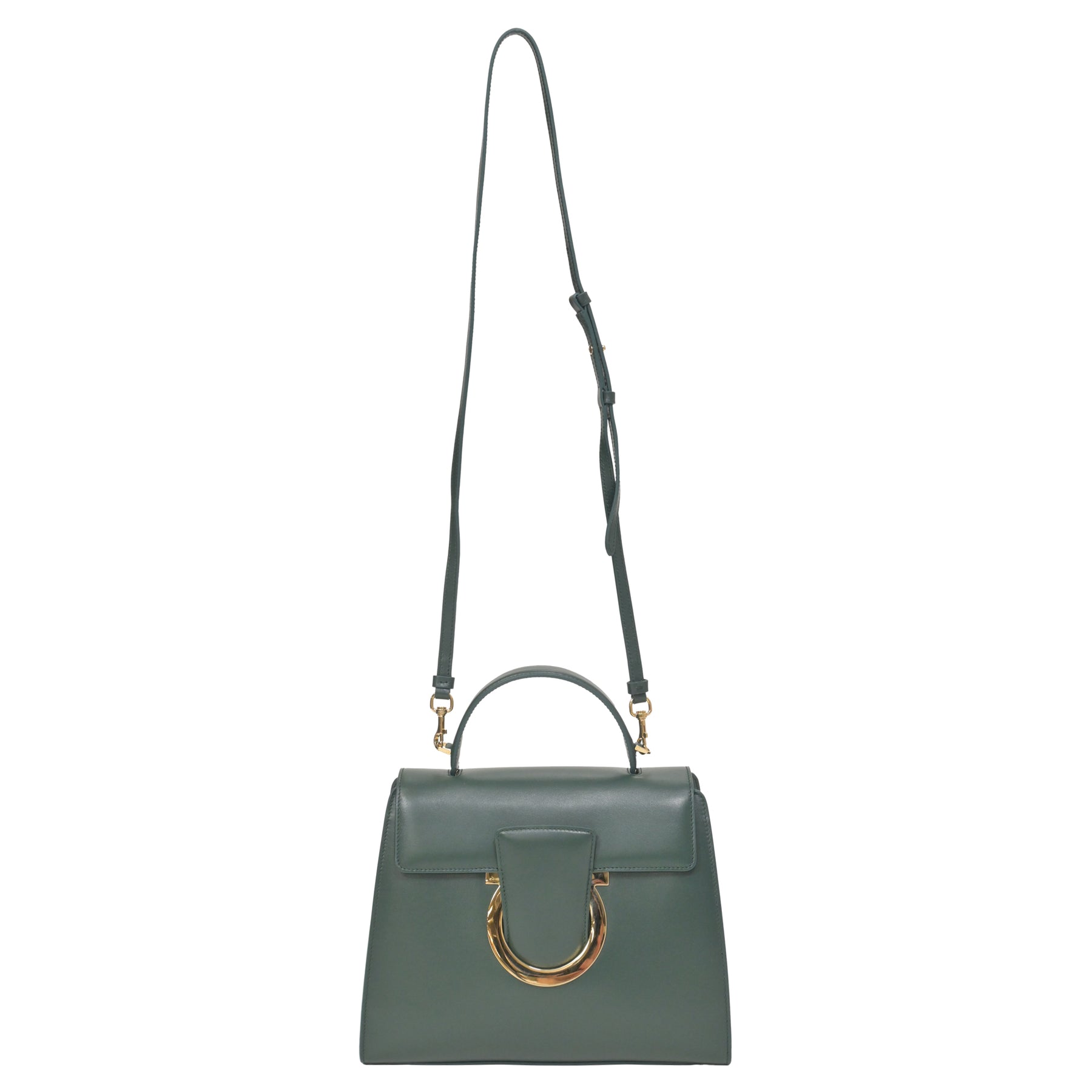 Salvatore Ferragamo Thalia Gancini Shoulder Bag In Olive Green Calfskin Leather 7748750540860