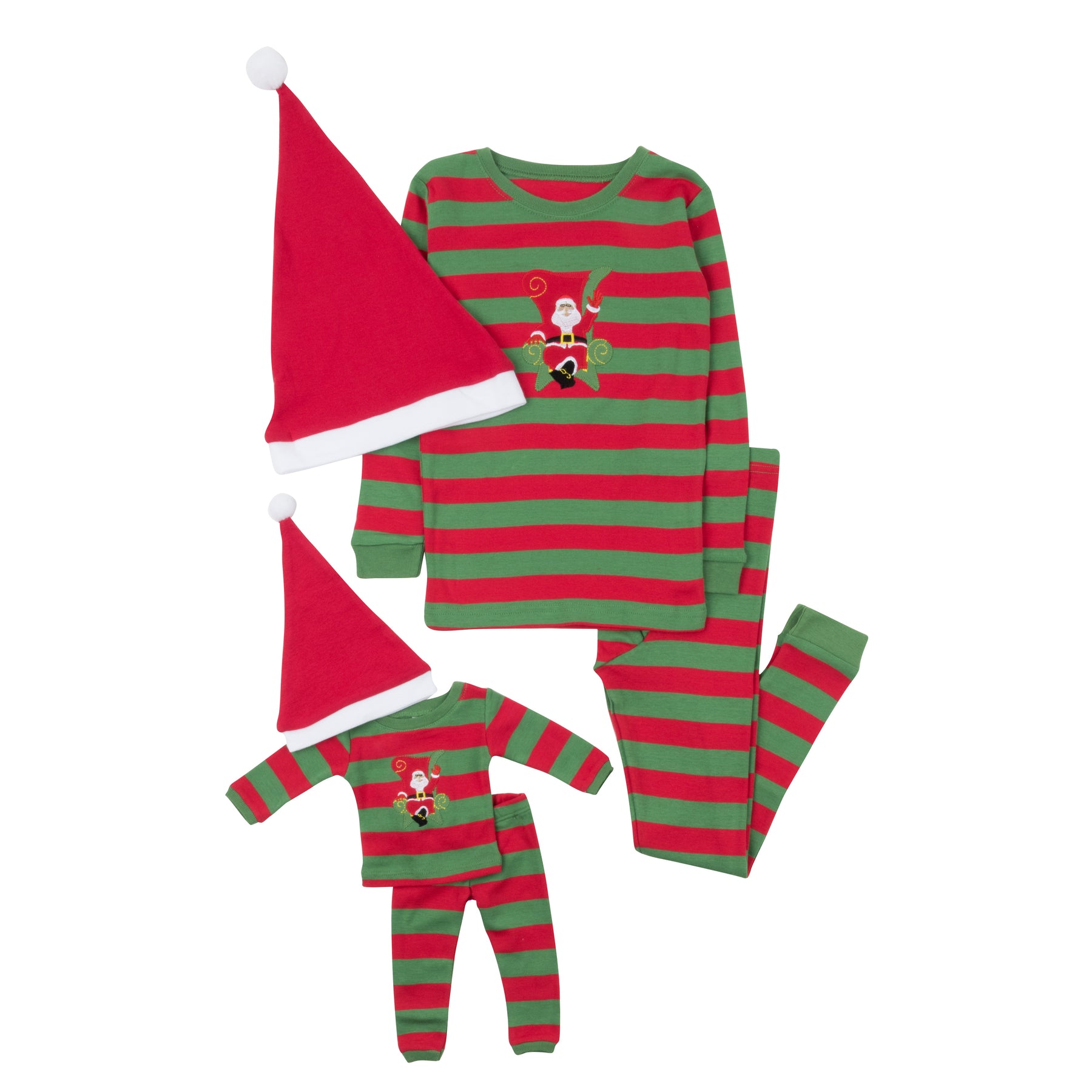 Christmas Girls and Matching Doll Cotton Pajamas Striped Santa Red and Green with Hat