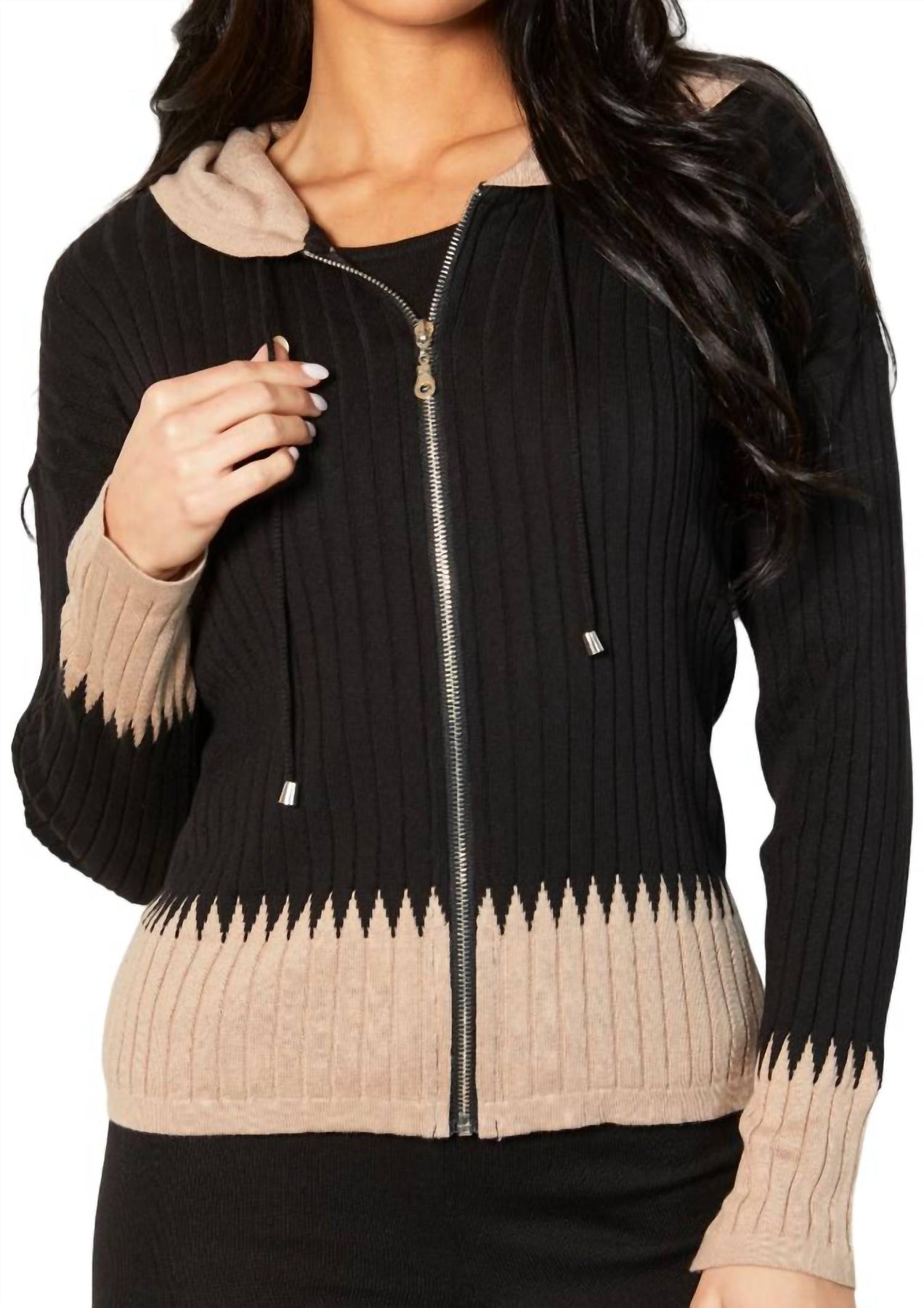 Zip Hoodie Ribbed Cardigan In Black/sand