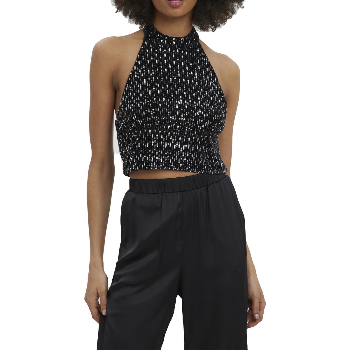 Carolina Sequined High Neck Open Back Crop Top