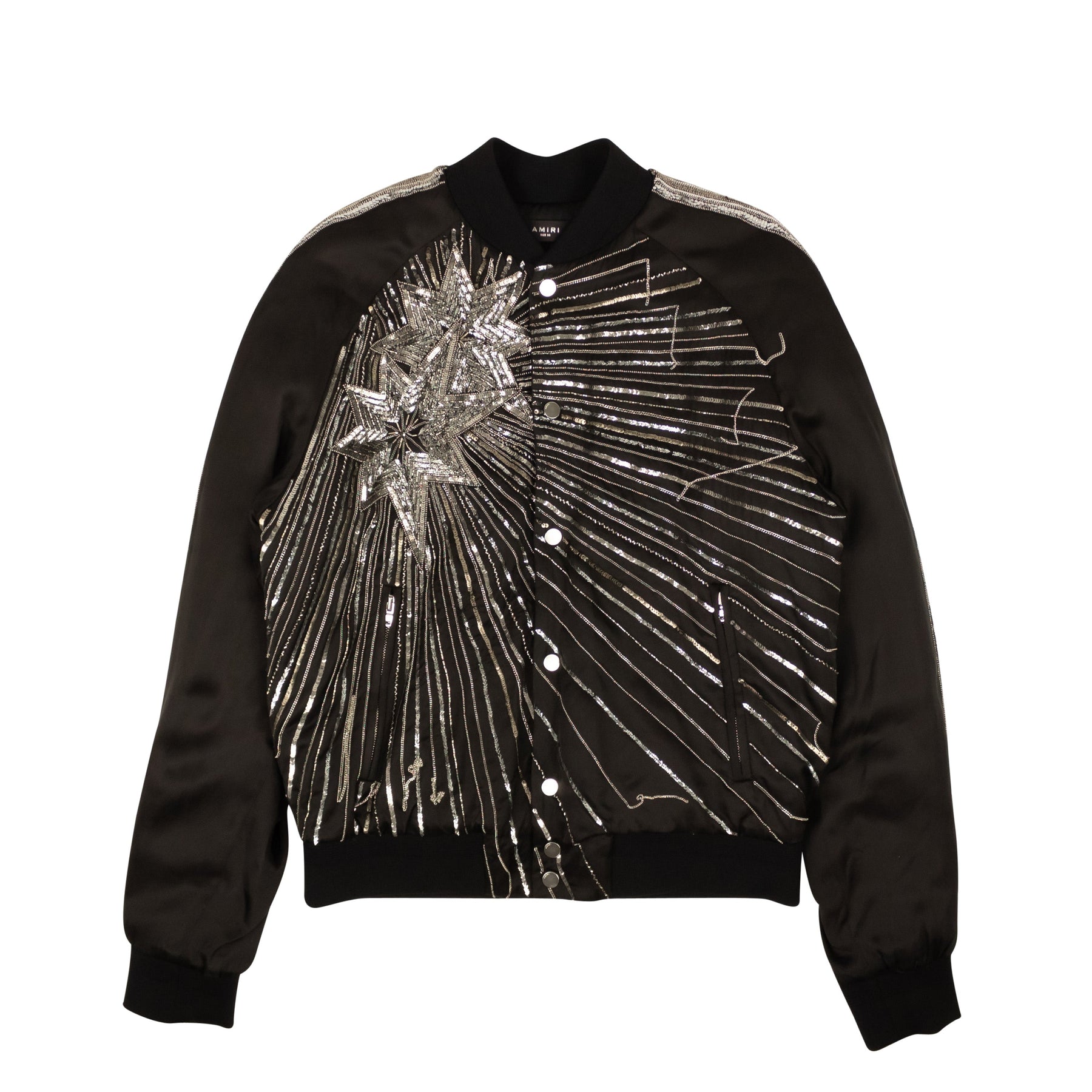 Black Viscose Beaded Star Design Bomber Jacket