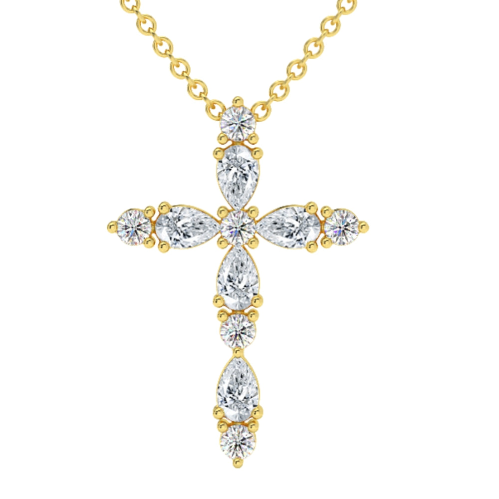 3/4Ct Diamond Cross Round & Pear Shape 14k Gold Necklace Lab Grown 1