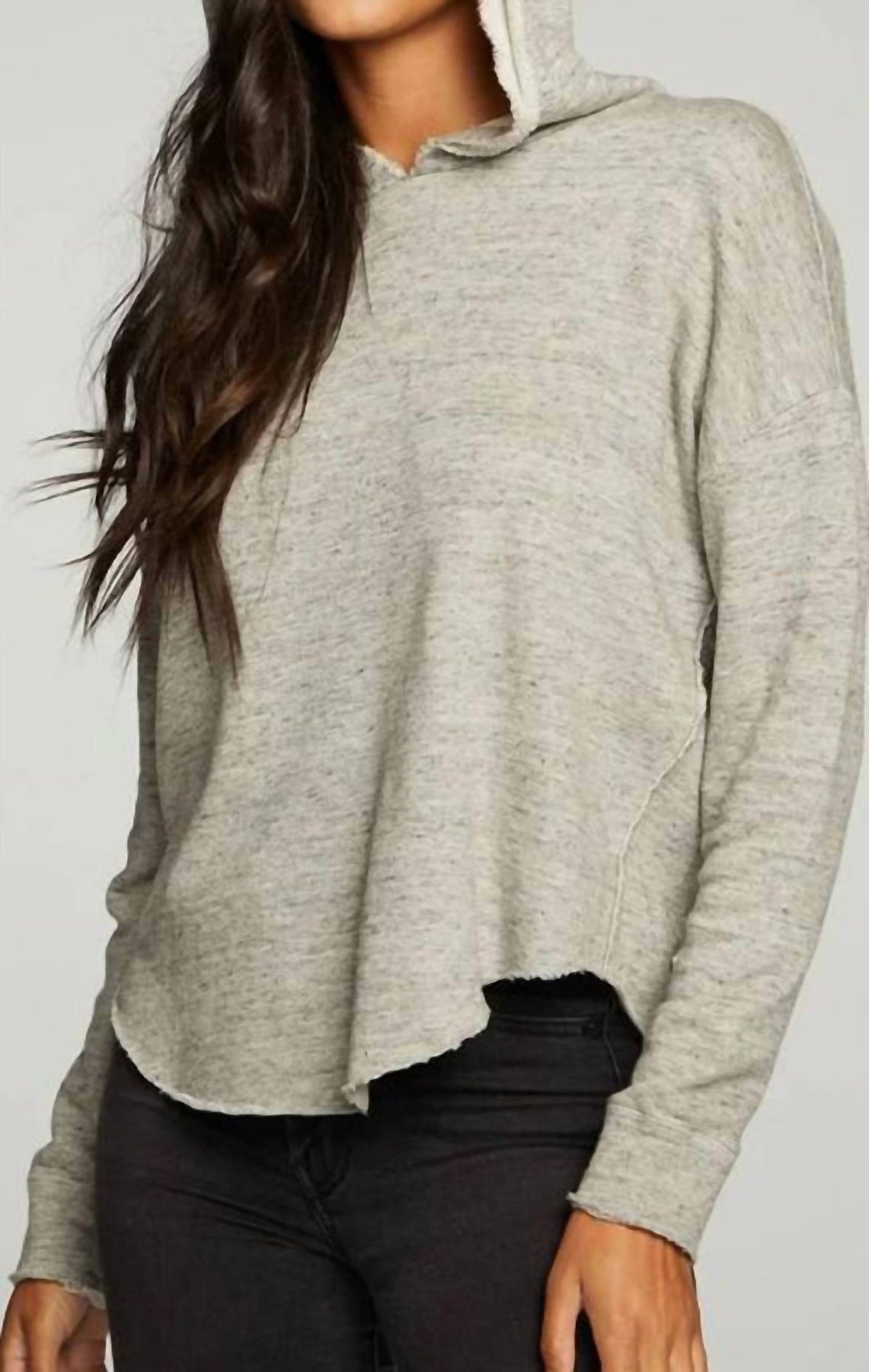 Linen French Terry Long Sleeve Shirttail Pullover Hoodie In Heather Grey 7670813130812