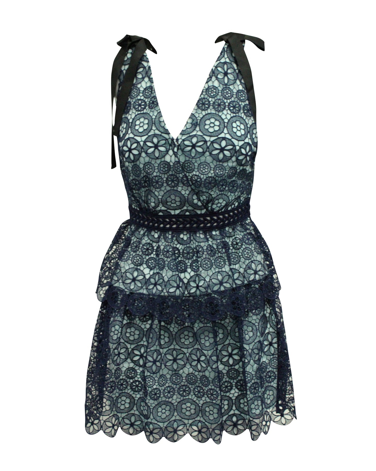 Self-Portrait Bow-Detailed Tiered Guipure Lace Dress in Blue Polyester 7764864663612