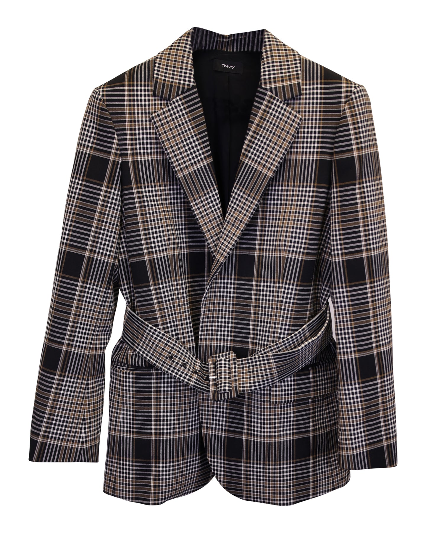 Theory Becket Belted Checked Blazer in Brown Polyester and Wool 7748632576060