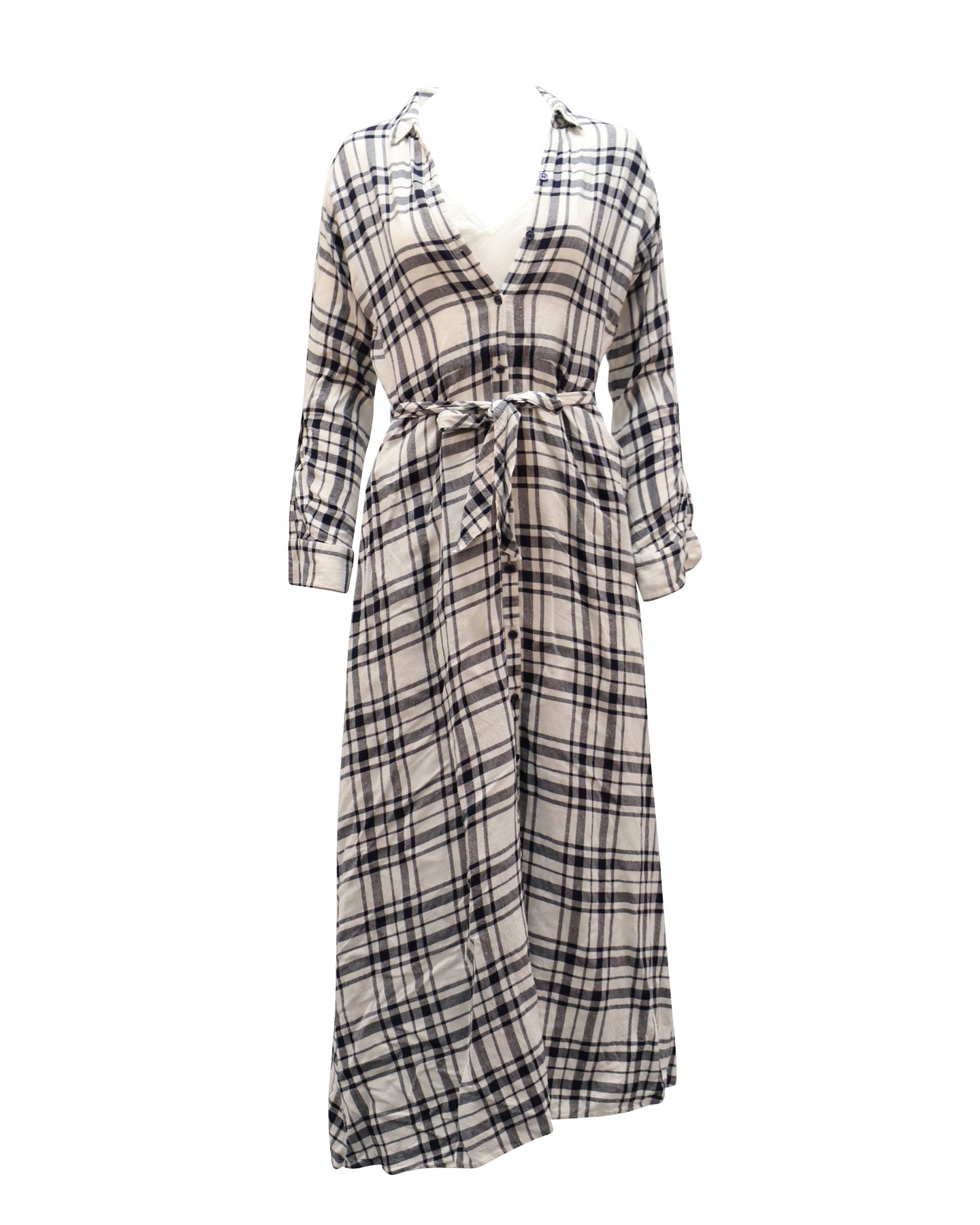 Theory Checkered V-Neck Longsleeve Maxi Dress in White Viscose 7765064089660