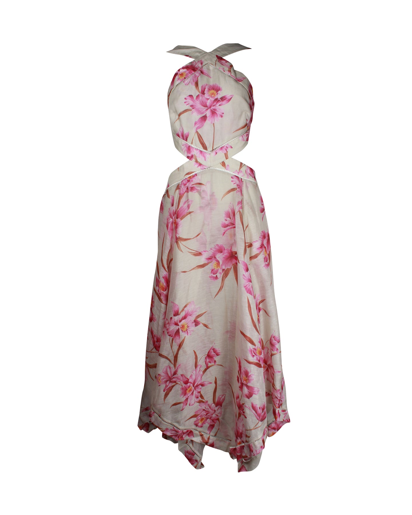 Zimmermann Asymmetric Cut-Out Midi Dress in Floral Print Linen 7703706861628