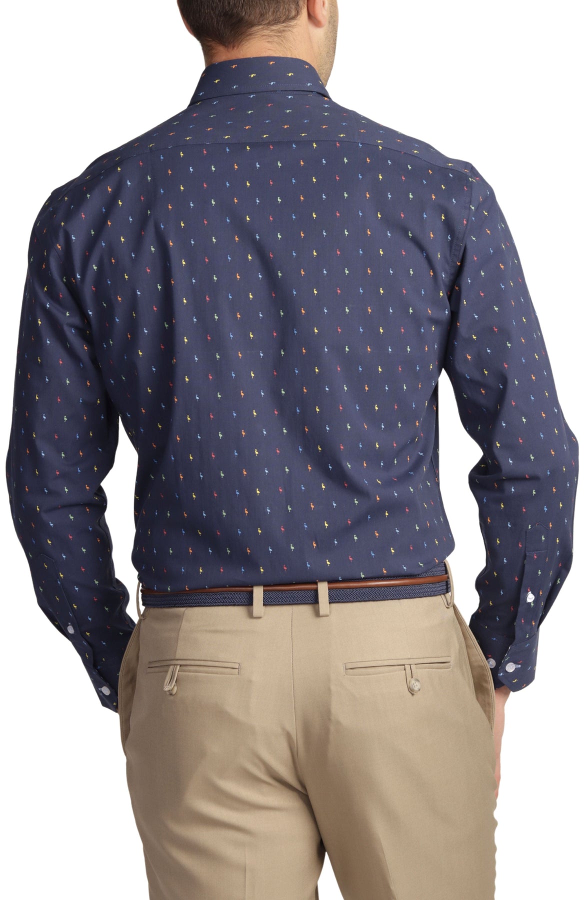 Navy Byrd Print Cotton Stretch Long Sleeve Shirt