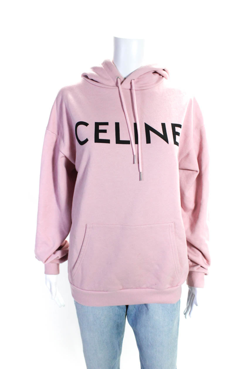 Celine Womens Cotton Graphic Print Front Pocket Pullover Hoodie Pink 7833232638012