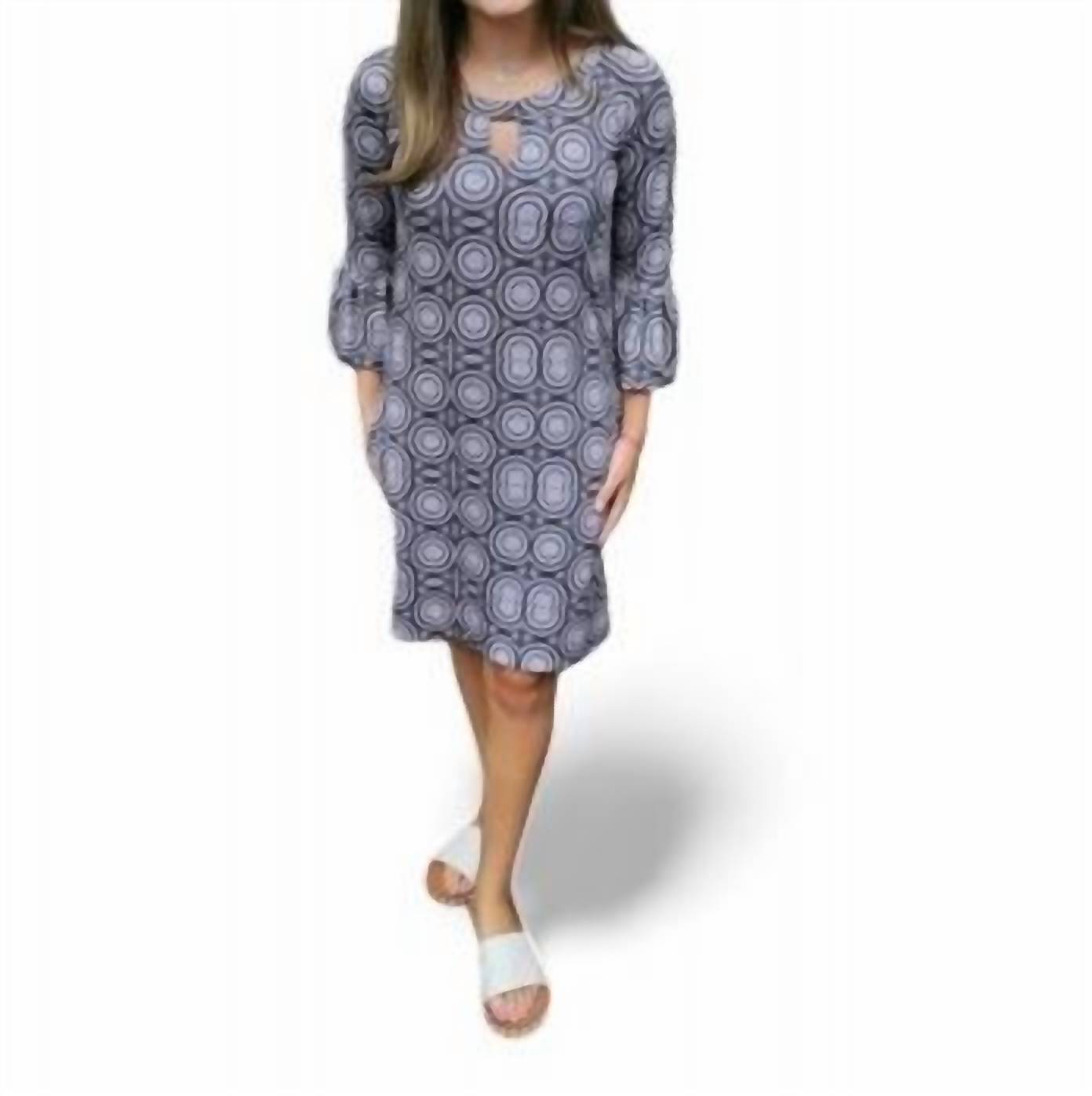 Circle Print Keyhole Dress In Black And Cream