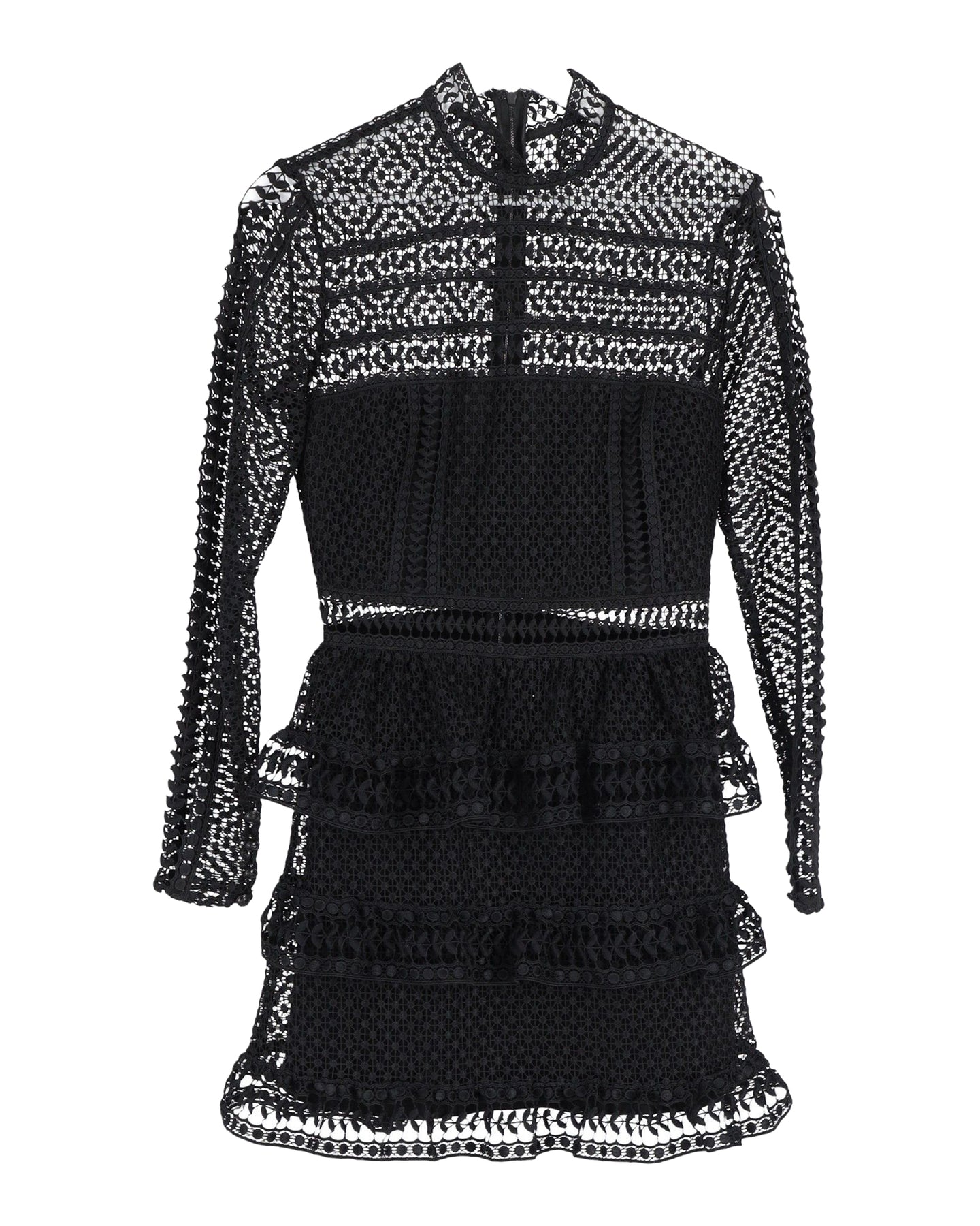 Self-Portrait Mock-Neck Lace Ruffled Mini Dress in Black Rayon