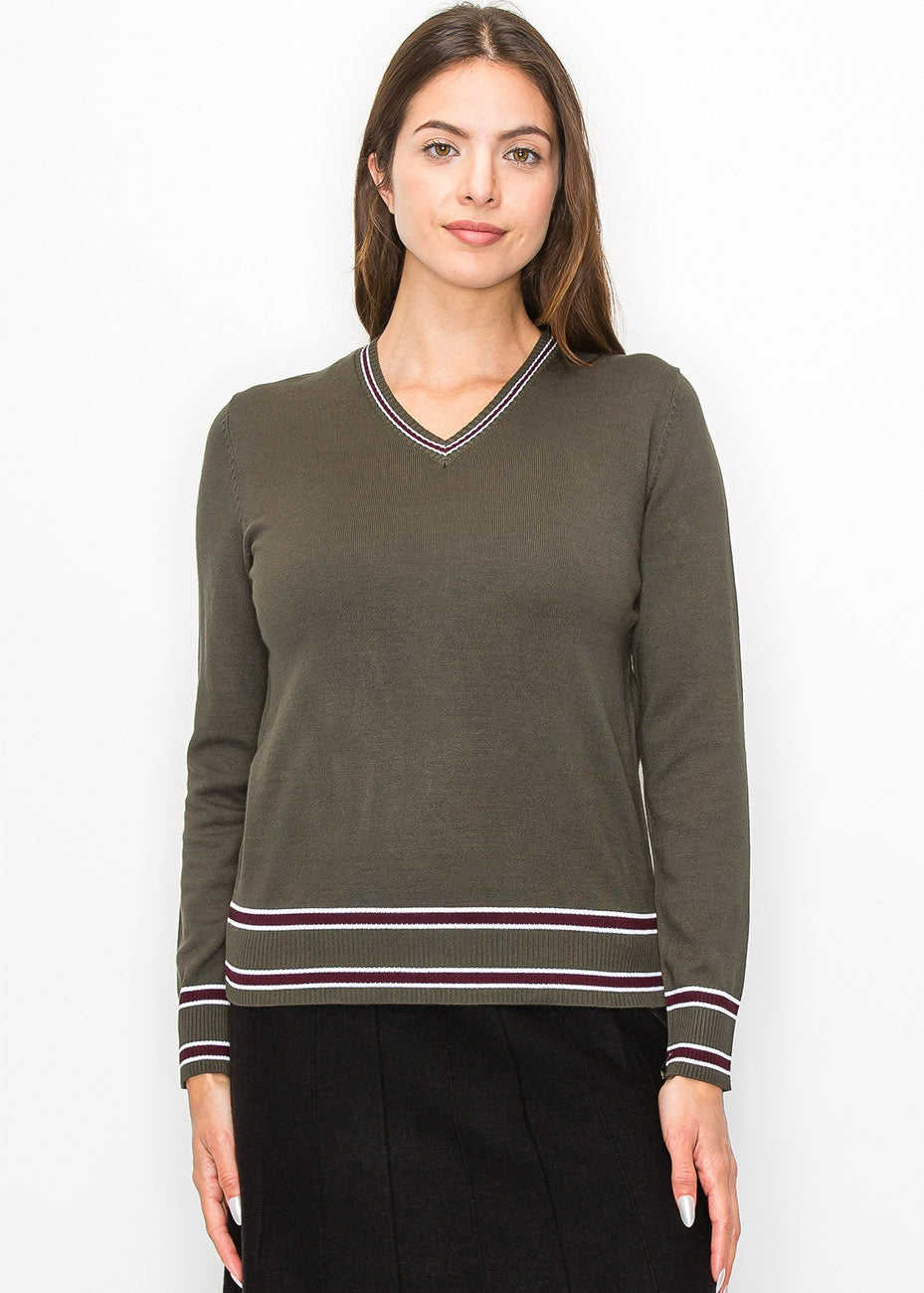 Casual Olive V-Neck Sweater 7833629425724
