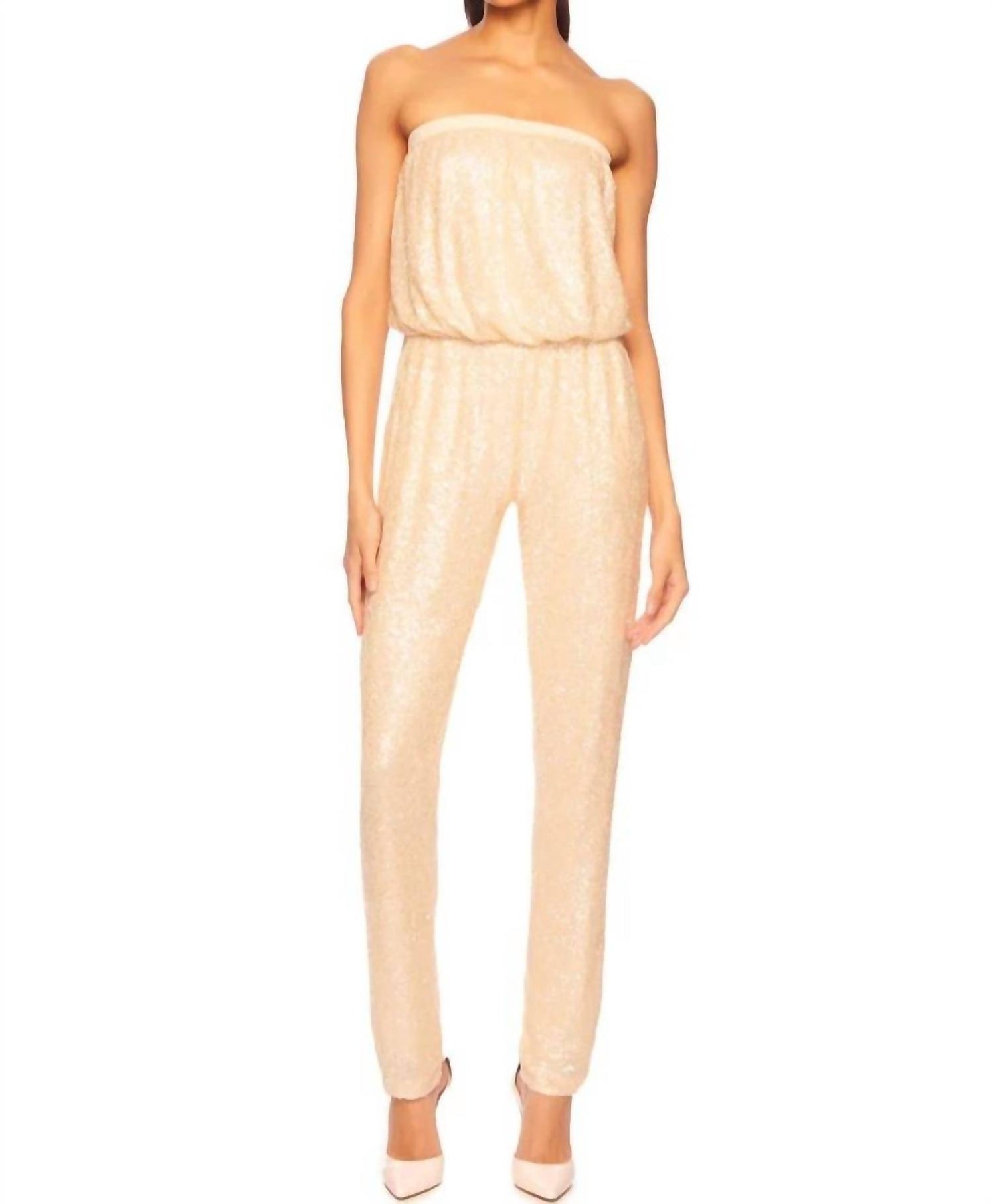 Sequin Tube Jumpsuit In Oatmilk Tan