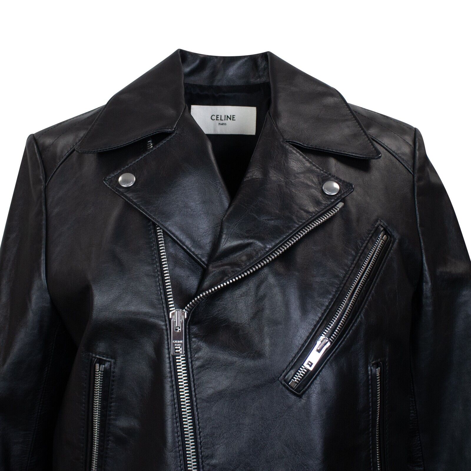 Black Padded Calfskin Jacket W / Front Zip Pockets