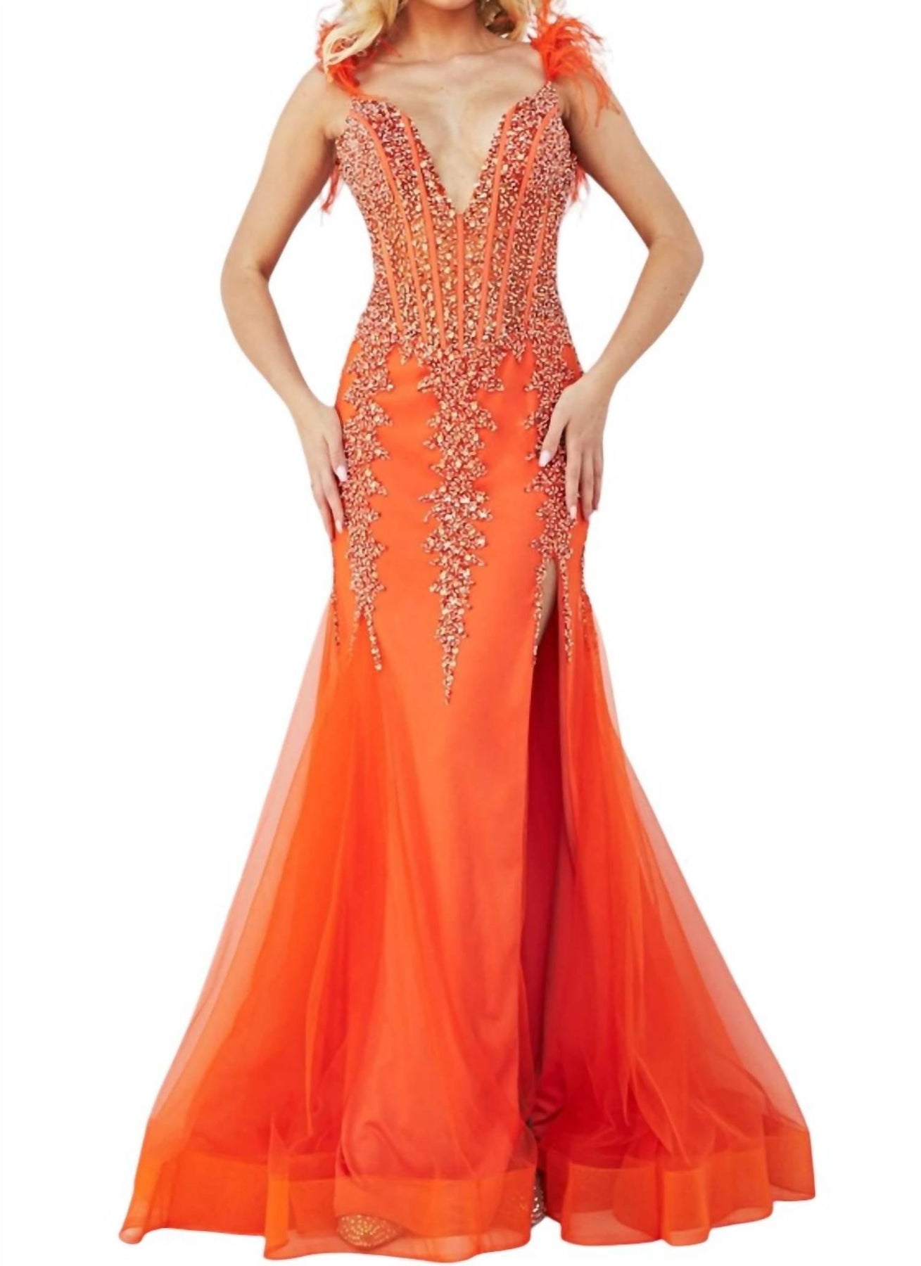 Deep V-Neck Embellished Mermaid Dress In Orange