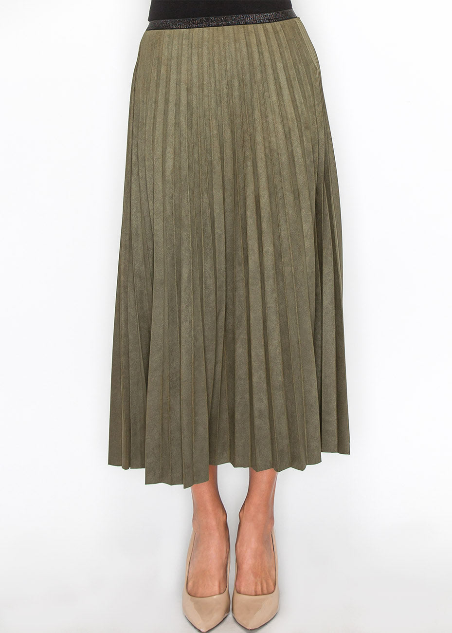 Olive Pleated Suede Midi Skirt 7833084231740