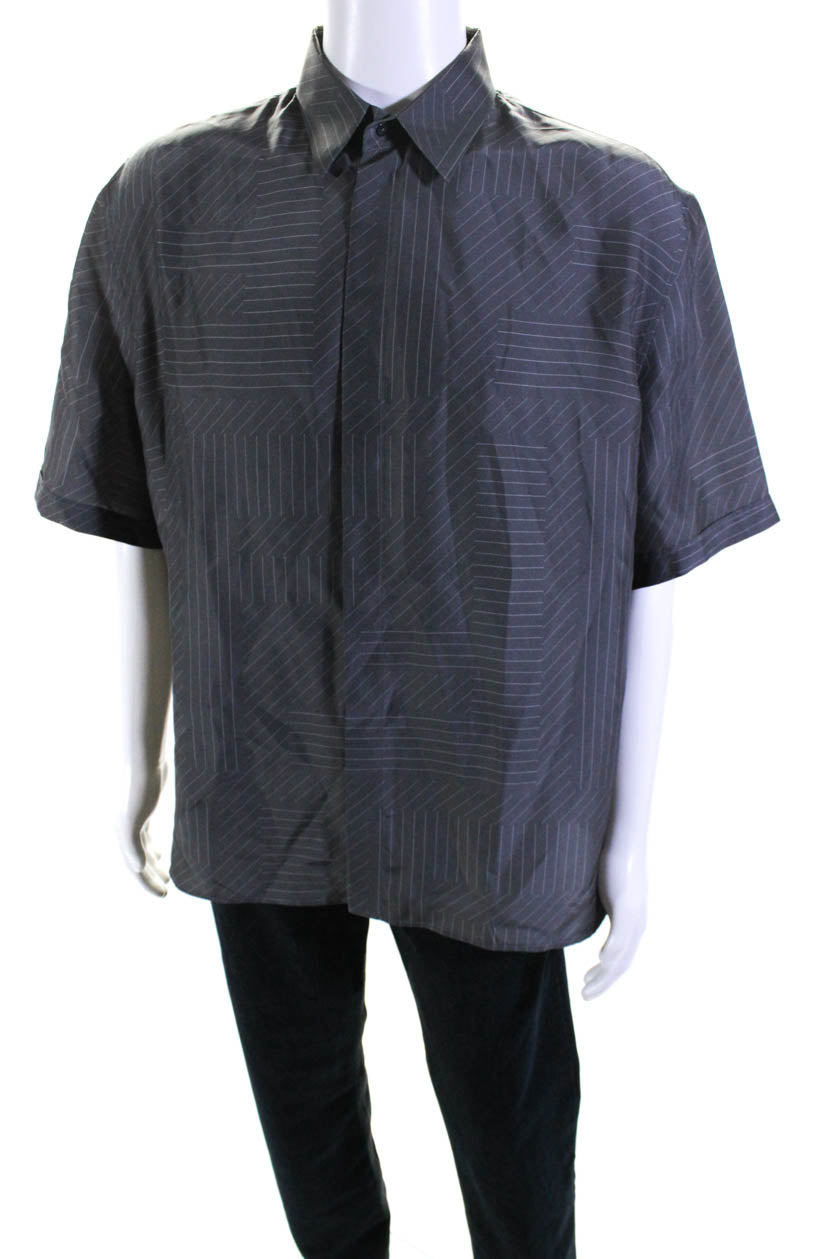 Fendi Mens Silk FF Shadow Pinstripe Short Sleeve Button Up Shirt Gray 7833578930236