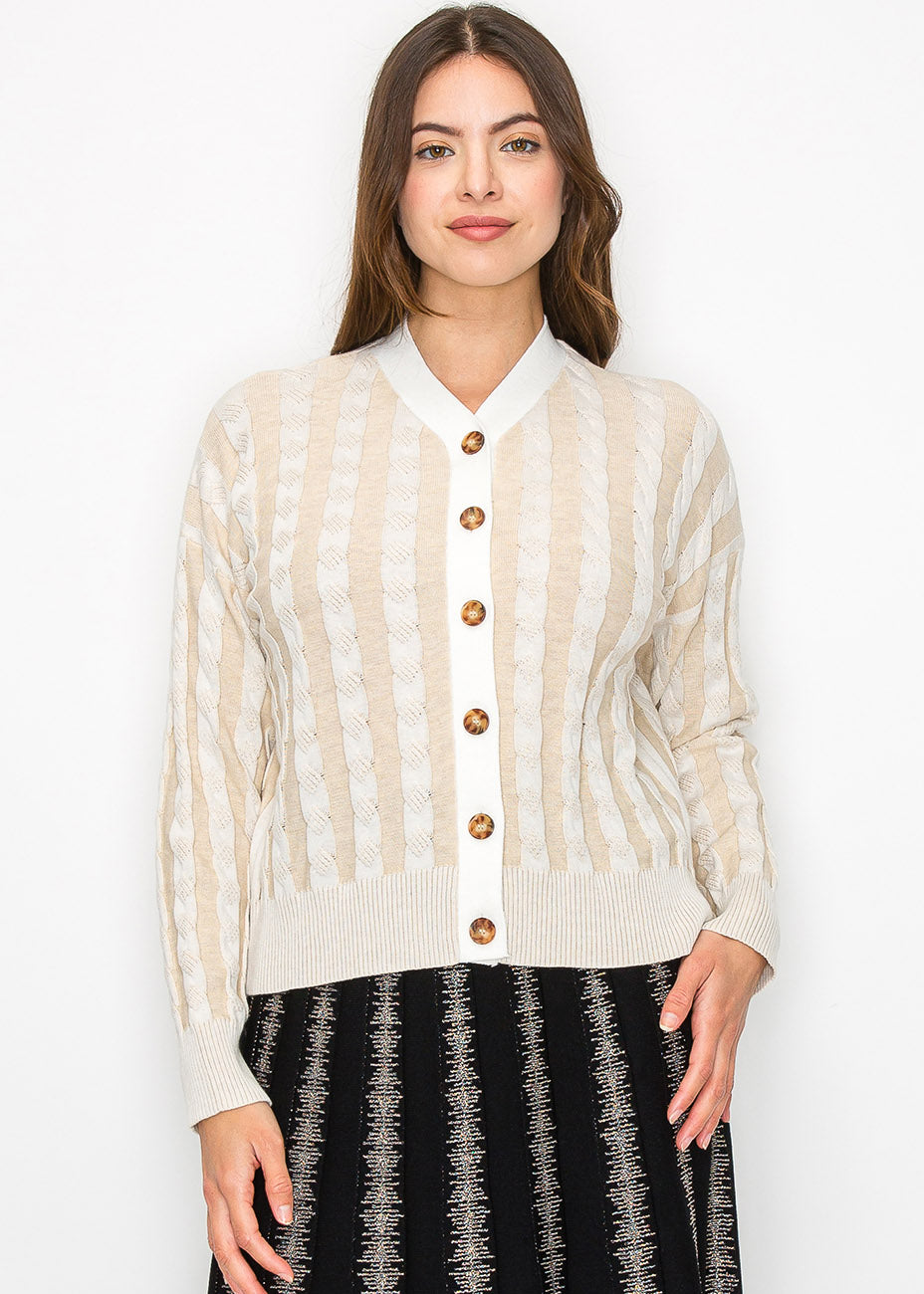 Beige Cable Knit Stripe Cardigan 7833650823228