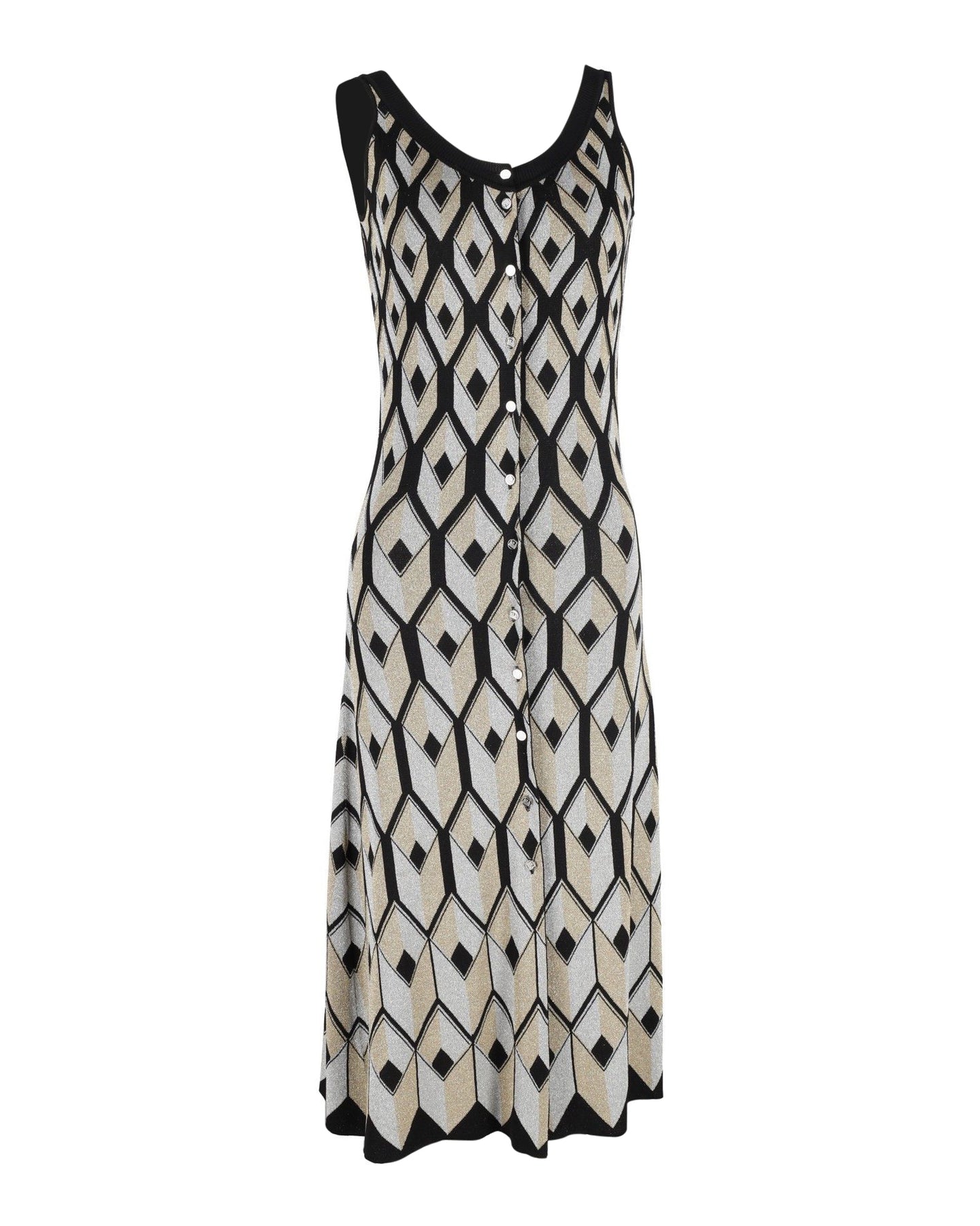 Paco Rabanne Geometric-Intarsia Metallic-Weave Midi Dress In Multicolour Viscose