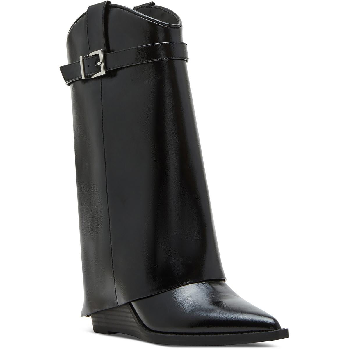 Joe Buckle Faux Leather Wedge Boots