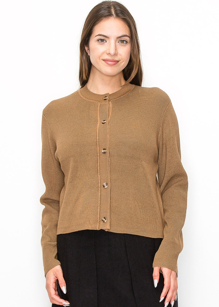 Elegant Ribbed Camel Cardigan 7832987533372