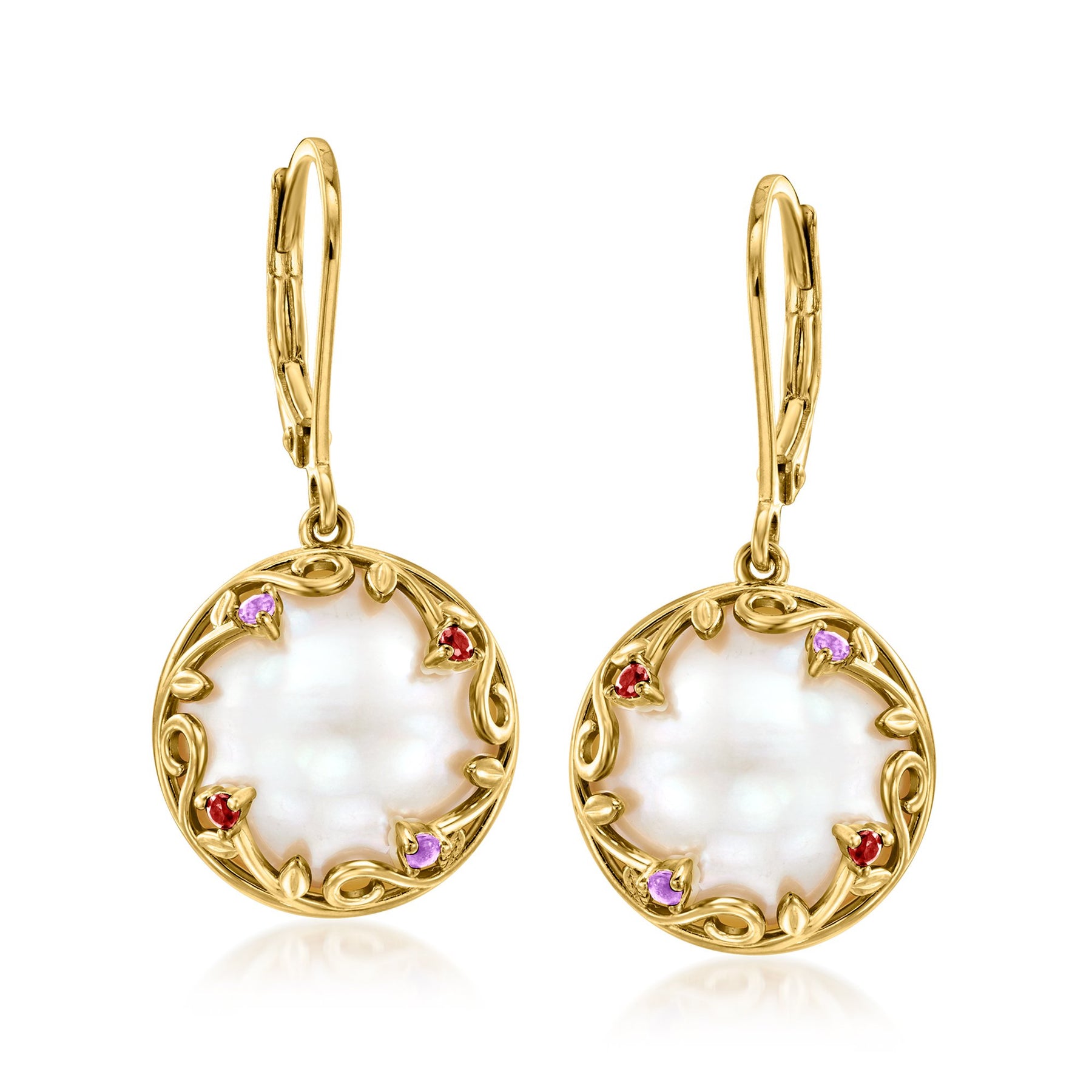 Ross-Simons 13.5-14mm Cultured Mabe Pearl Drop Earrings With Amethyst and Garnet Accents in 18kt Gold Over Sterling