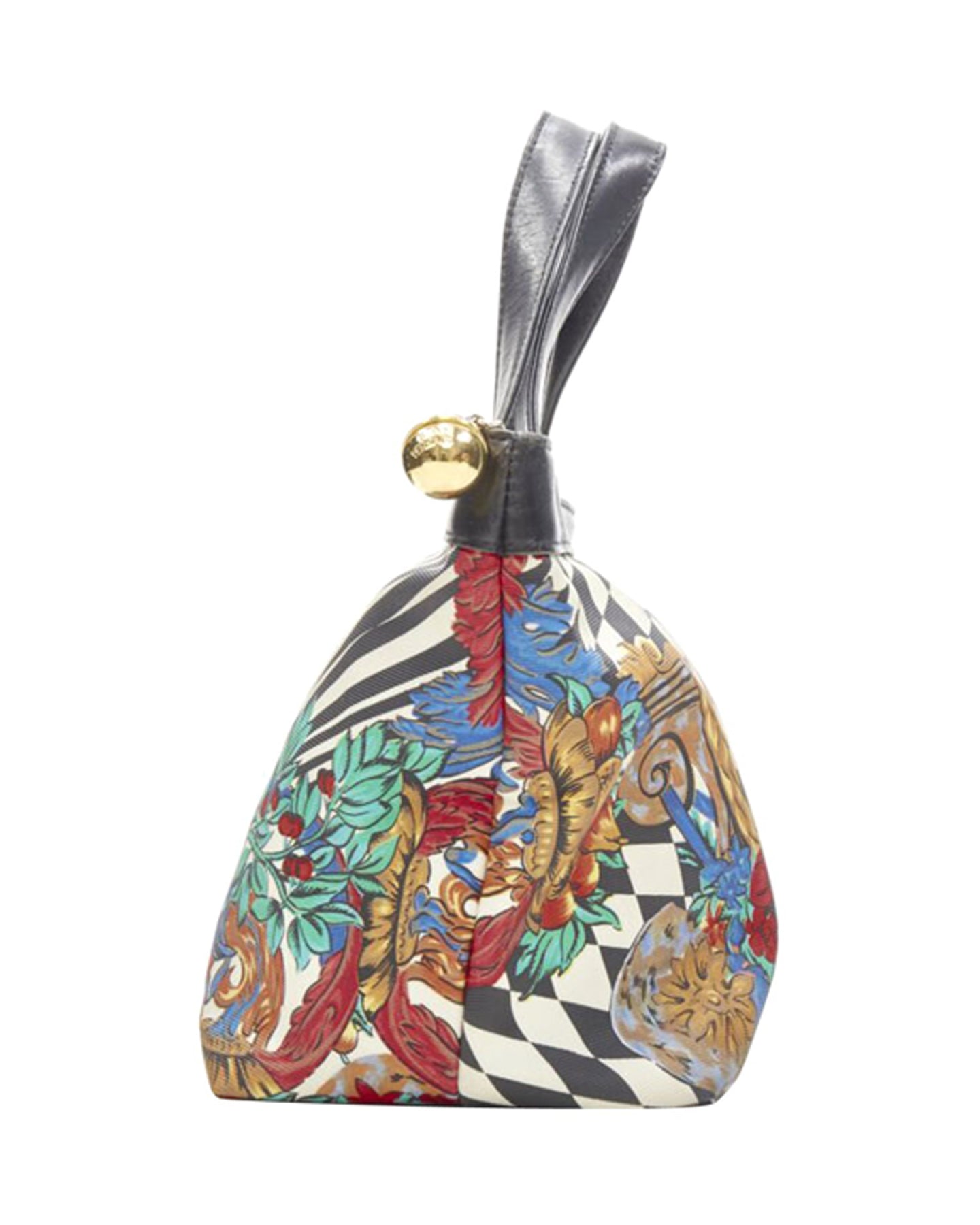 GIANNI VERSACE Vintage 1990's checkerboard barocco vase leather trim tote bag 7705721831484