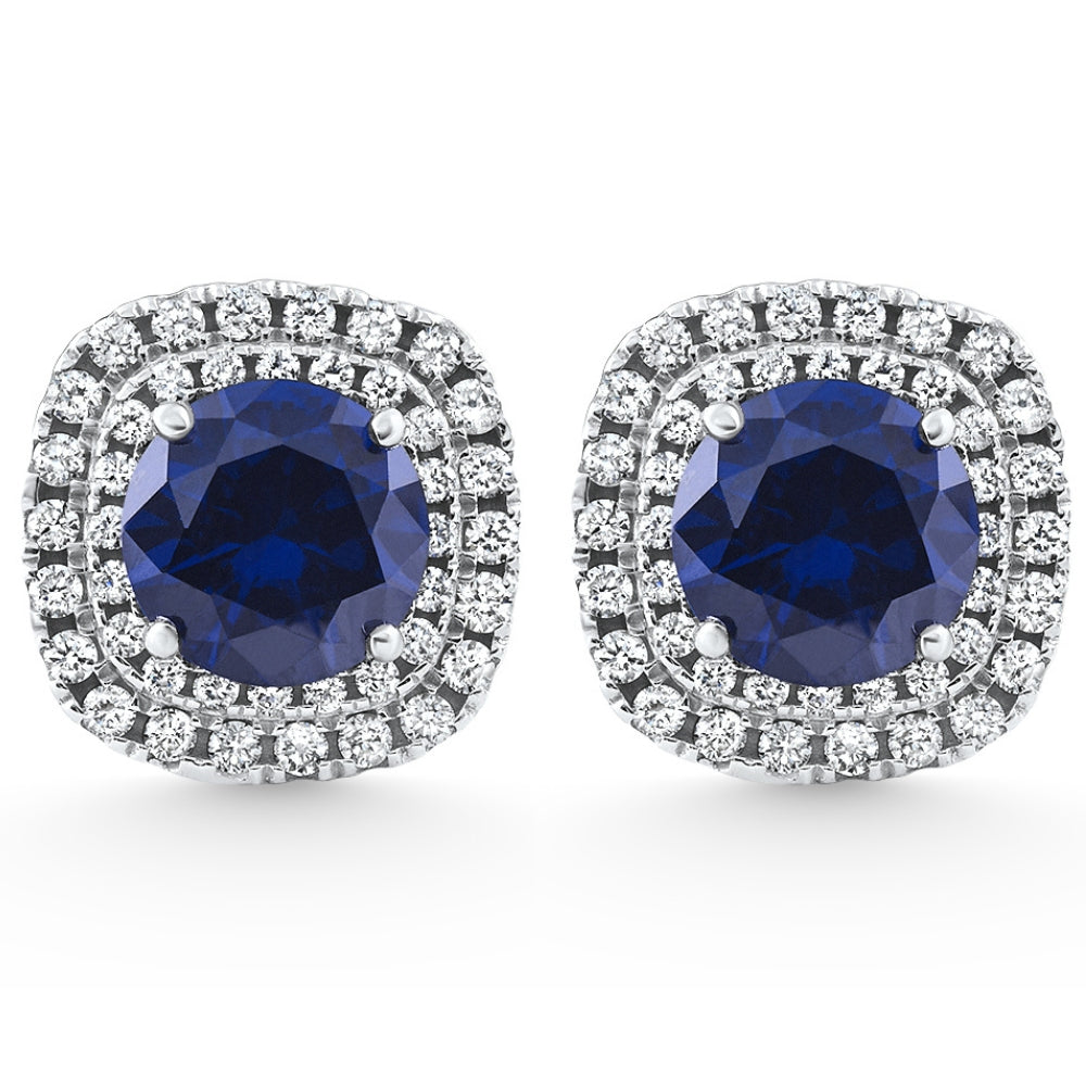 2.65Ct Cushion Halo Blue Sapphire Diamond Studs 14k White Gold Earring Lab Grown