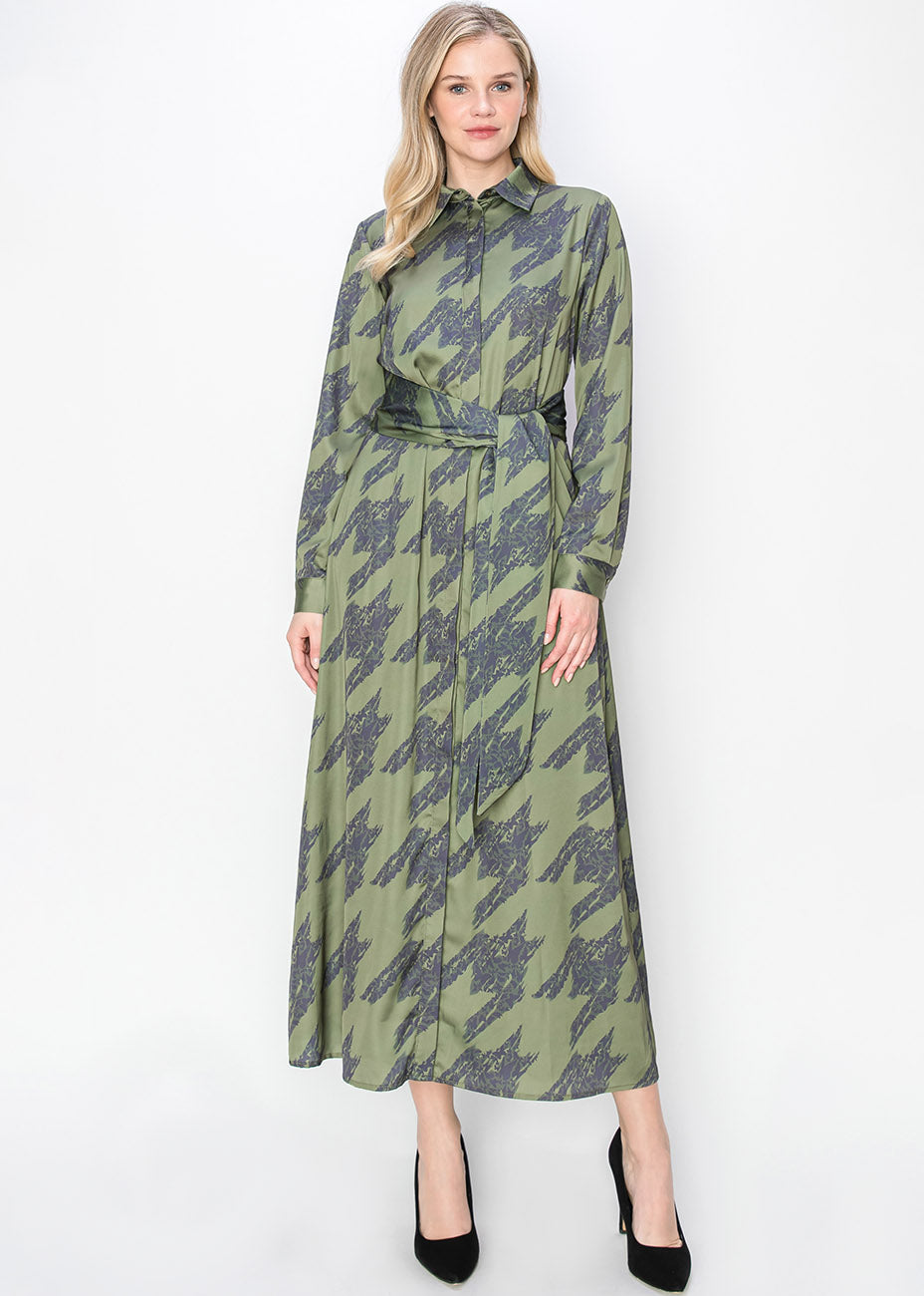 Abstract Olive Long-Sleeve Dress 7832933171260