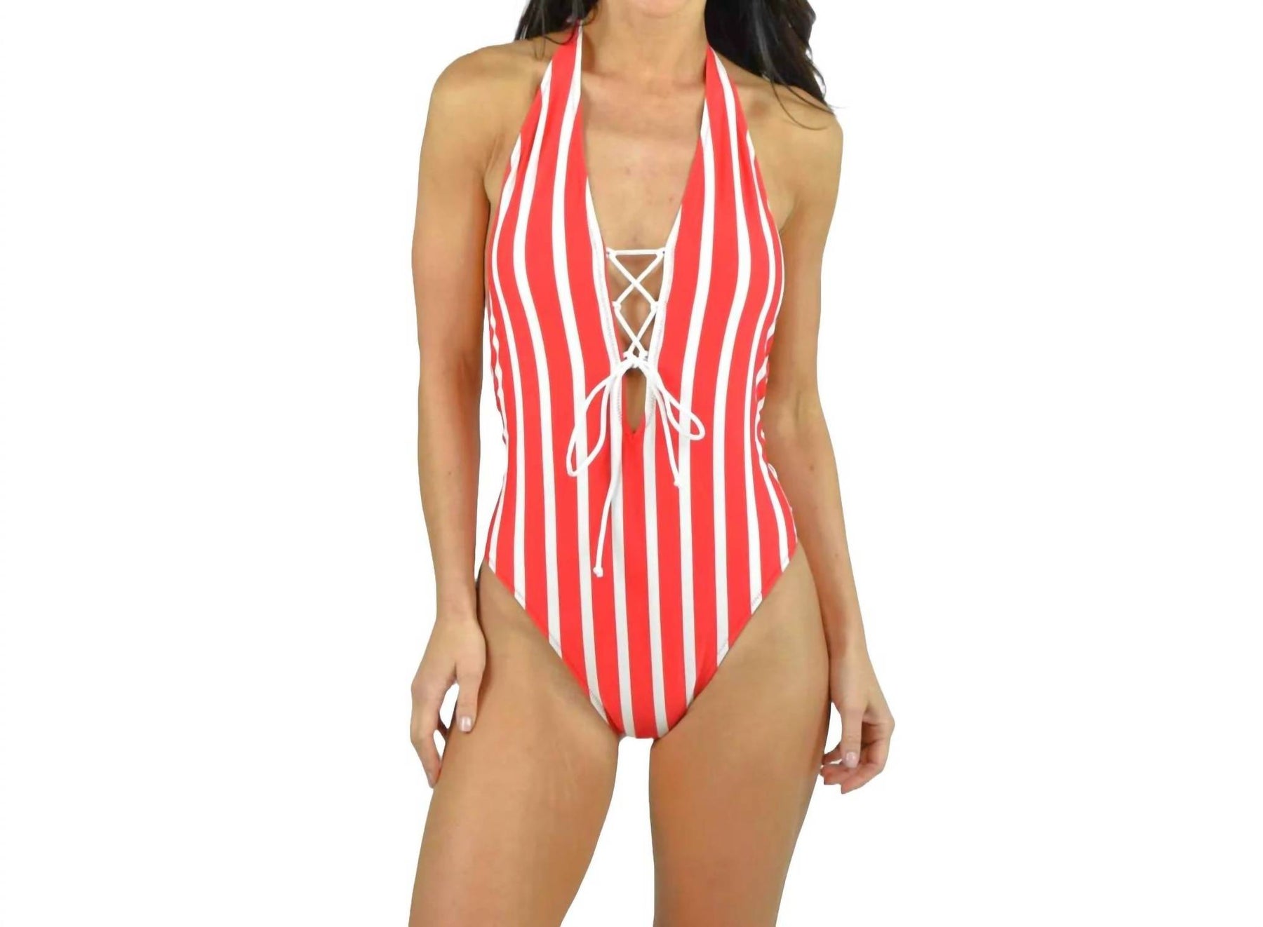 Stripe Laced Front Halter One Piece Swimsuit In Red/ivory 7803851276348