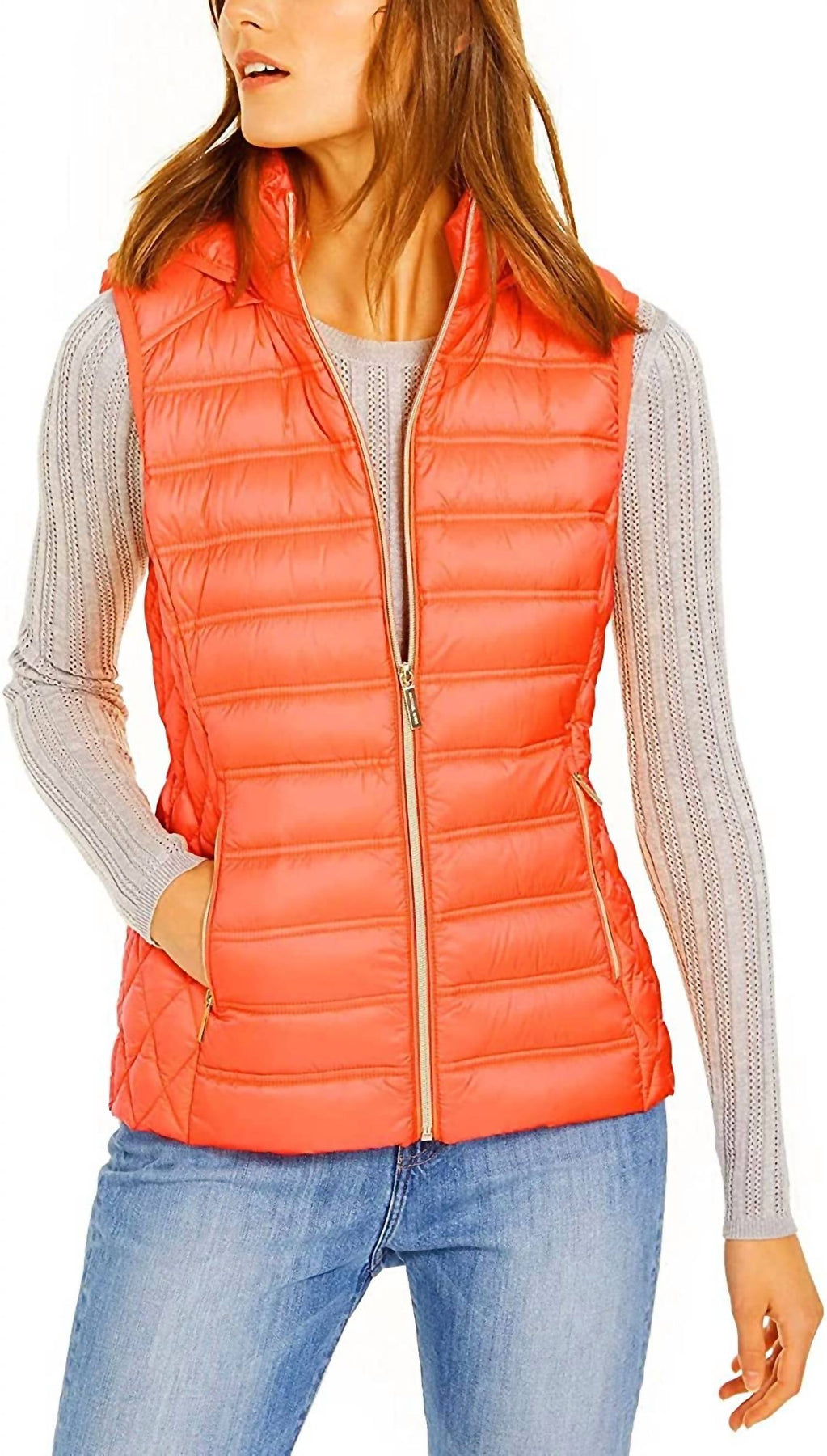 Down Puffer Vest Jacket With Removable Hood In Orange