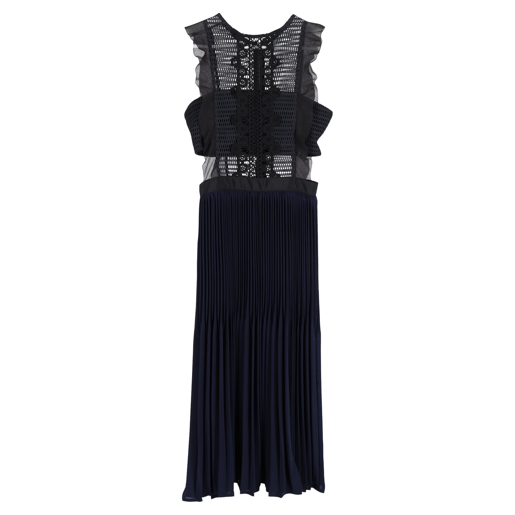 Self-Portrait Sleeveless Pleated Lace Dress in Navy Blue Polyester
